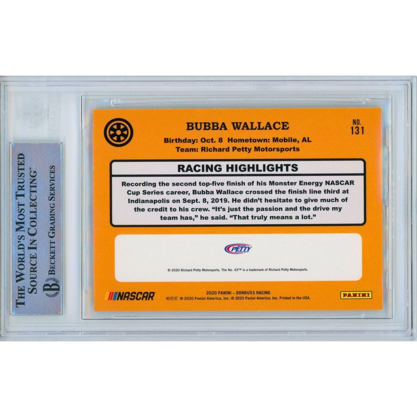 2020 Donruss Retro #131 — Bubba Wallace Nascar Autographed Trading Card — Beckett Authentication