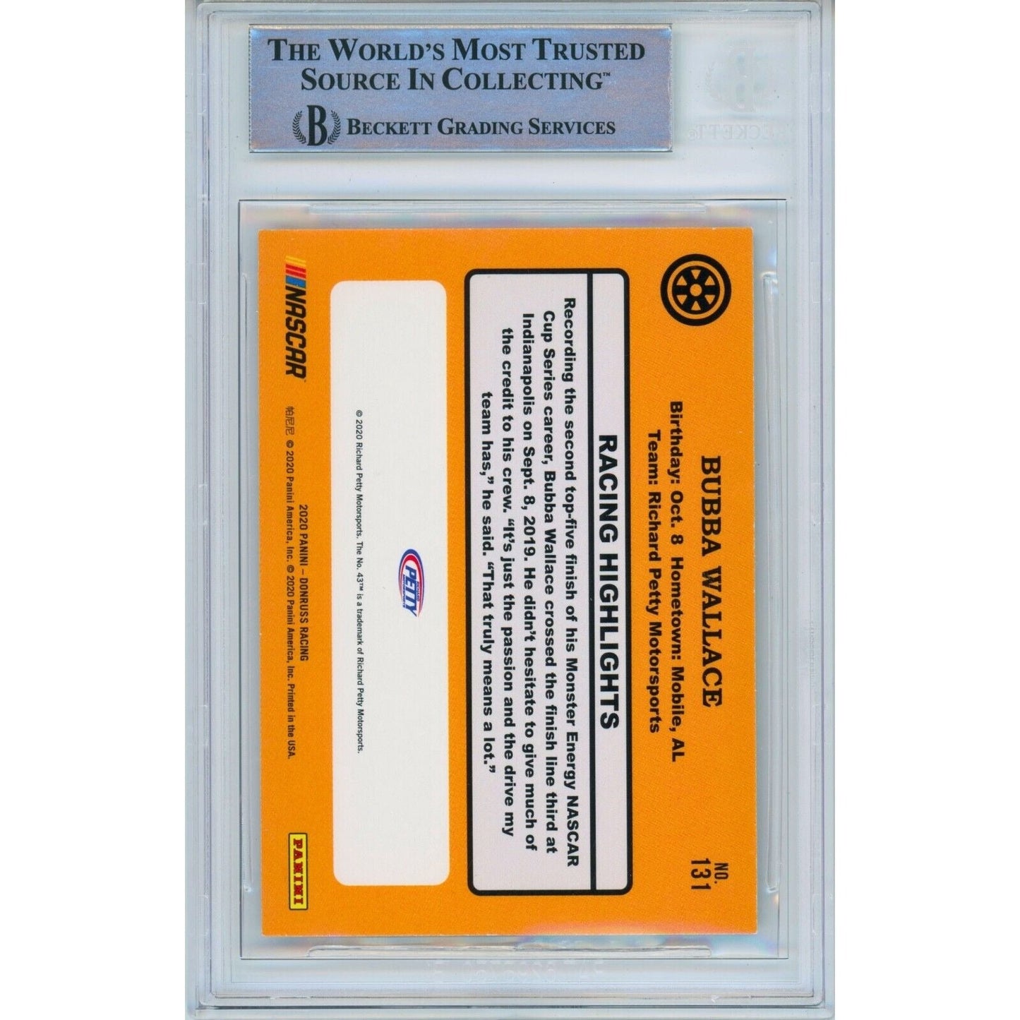 2020 Donruss Retro #131 — Bubba Wallace Nascar Autographed Trading Card — Beckett Authentication