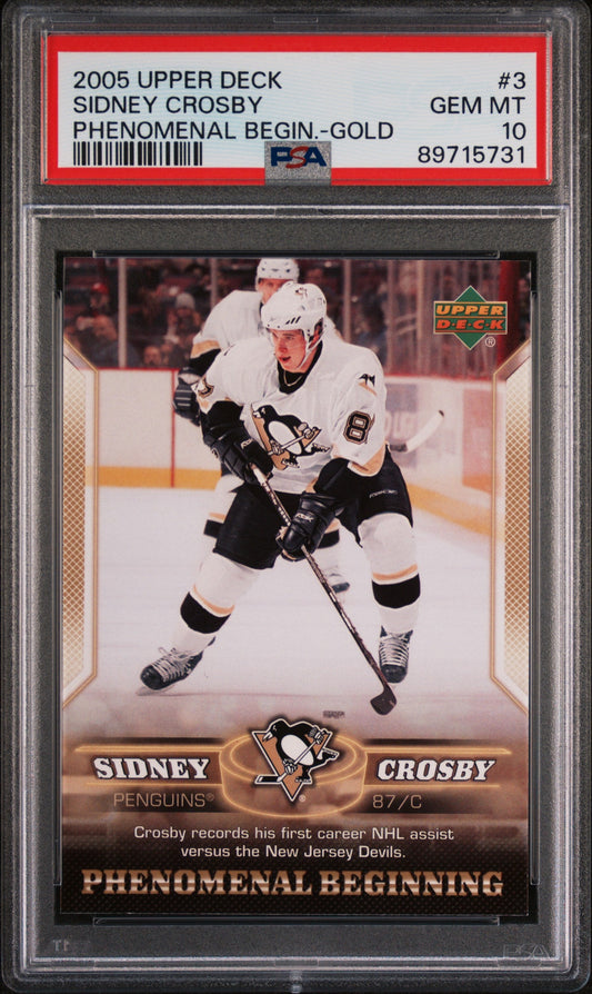 Graded 2005-06 Upper Deck Sidney Crosby #3 Phenomenal Beginning Gold Rookie RC Hockey Card PSA 10 Gem Mint