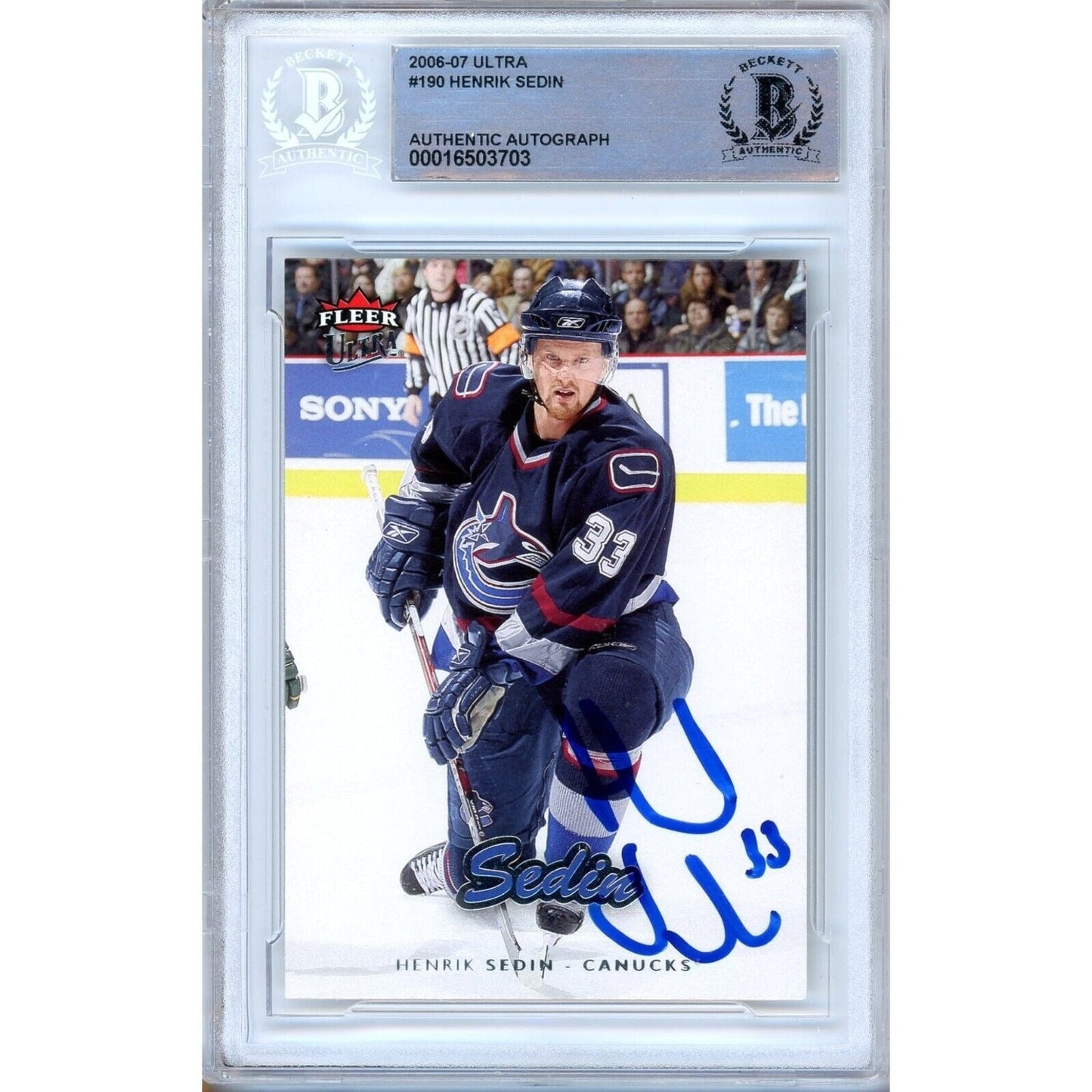 2006-07 Fleer Ultra #190 — Henrik Sedin Vancouver Canucks Autographed Trading Card — Beckett Authentication