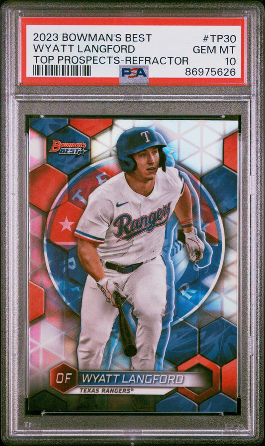 Graded 2023 Topps Bowmans Best Wyatt Langford #TP30 Top Prospects Refractor Rookie RC Baseball Card PSA 10 Gem Mint