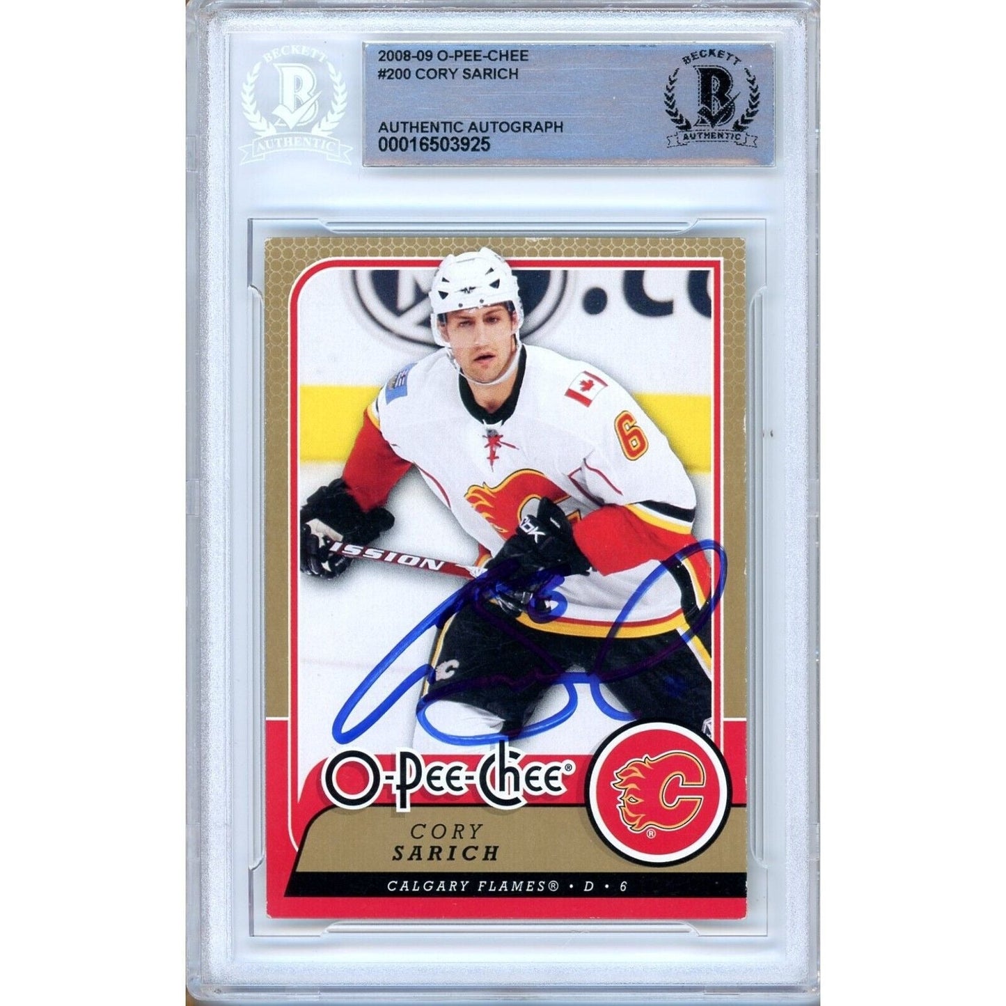 2008-09 O-Pee-Chee #200 — Cory Sarich Calgary Flames Autographed Trading Card — Beckett Authentication