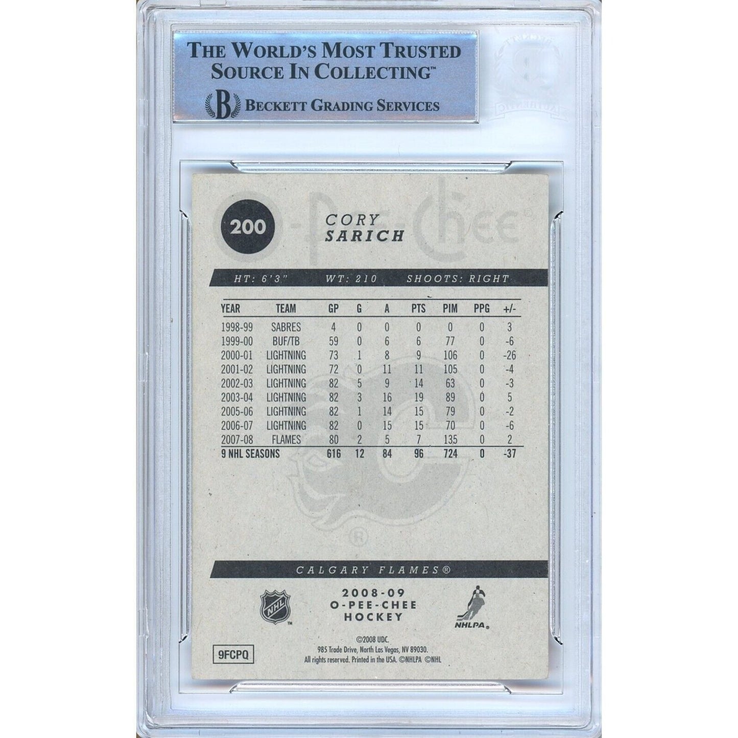 2008-09 O-Pee-Chee #200 — Cory Sarich Calgary Flames Autographed Trading Card — Beckett Authentication