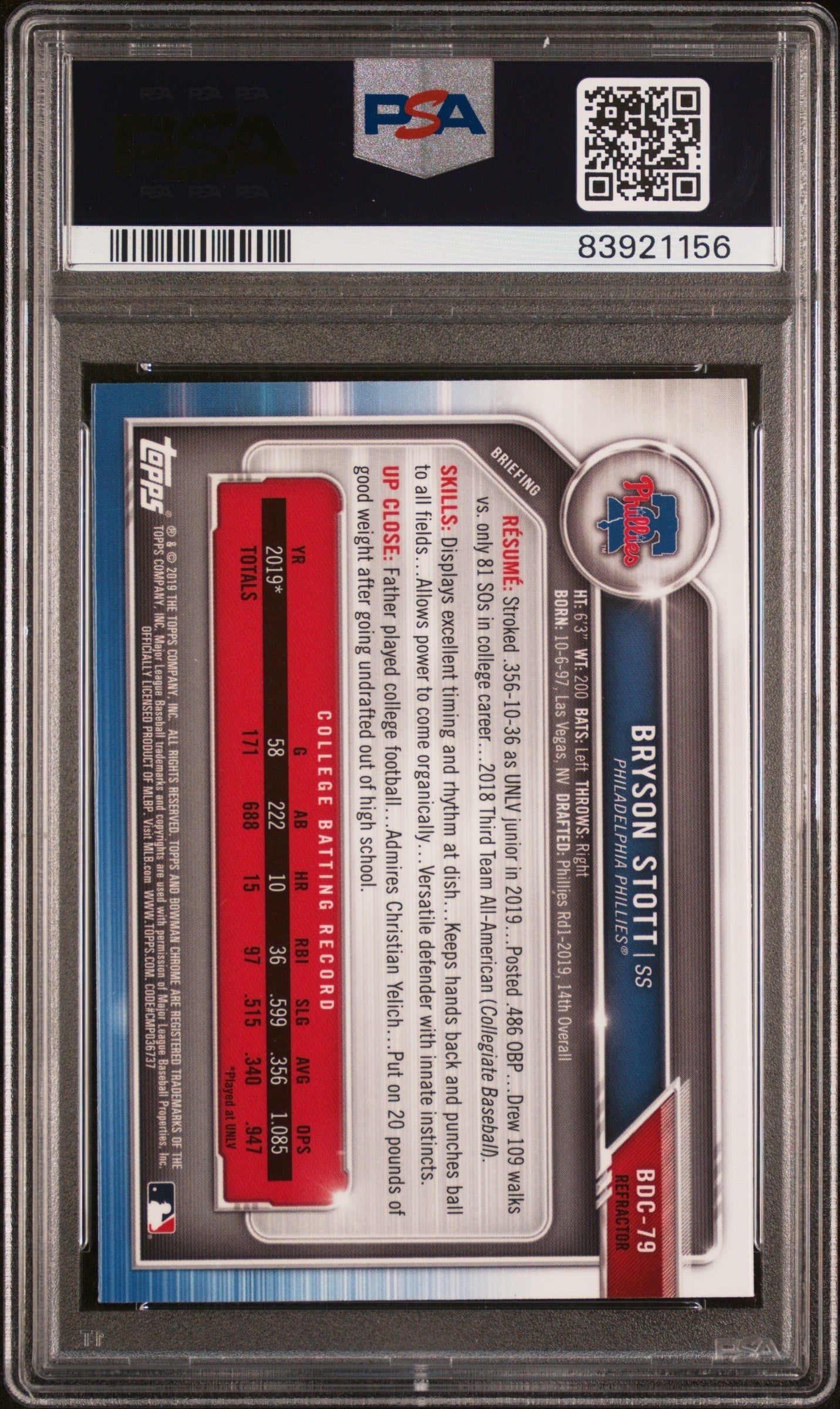 Graded 2019 Topps Bowman Draft Bryson Stott #BDC79 Chrome Refractor Rookie RC Baseball Card PSA 10 Gem Mint
