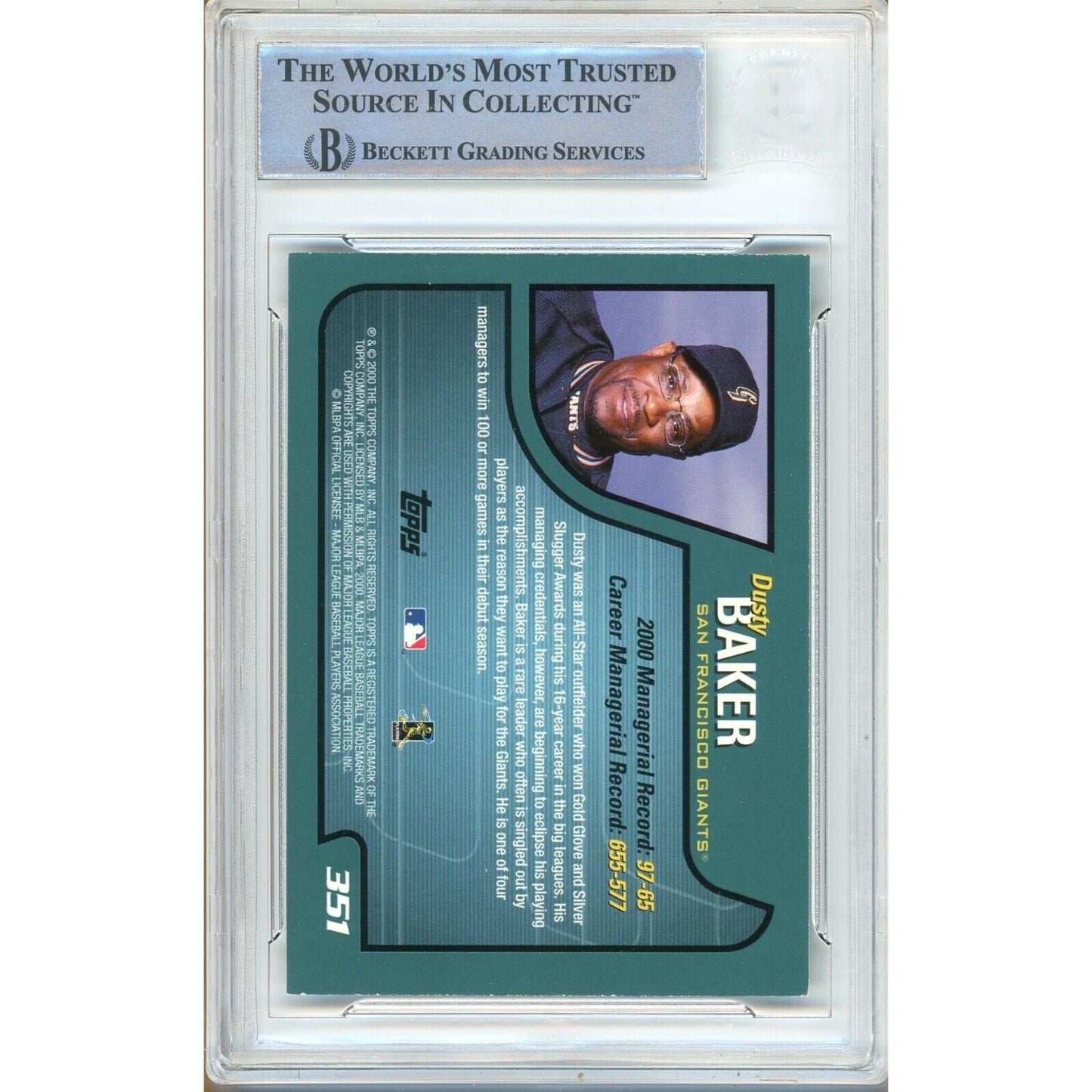 2001 Topps #351 — Dusty Baker San Francisco Giants Autographed Trading Card — Beckett Authentication