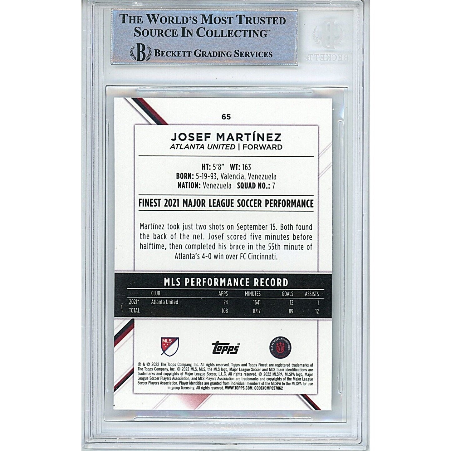 2022 Topps MLS #65— Josef Martinez Atlanta United Autographed Trading Card — Beckett Authentication