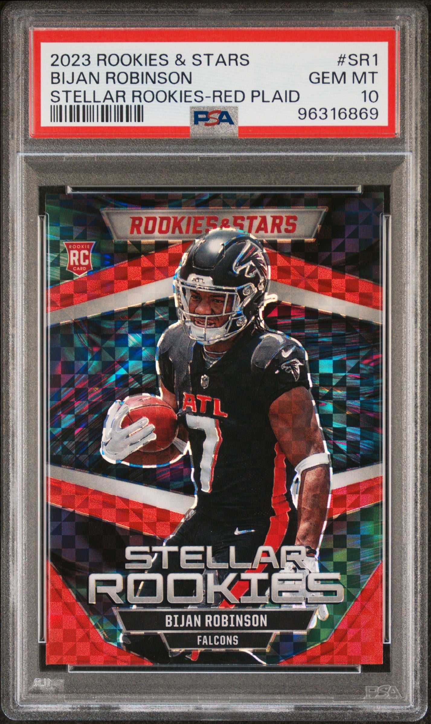 Graded 2023 Panini Rookies & Stars Bijan Robinson #SR1 Stellar Rookies Red Plaid Rookie RC Football Card PSA 10 Gem Mint
