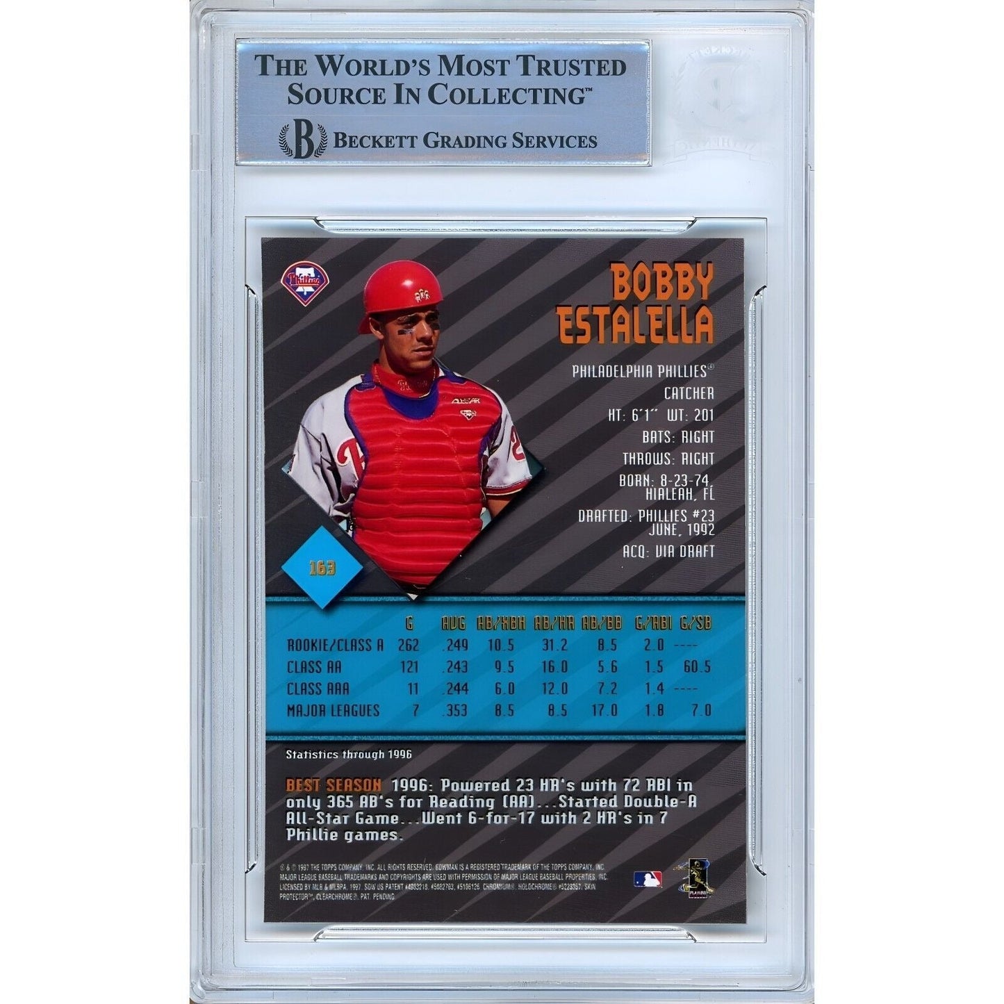 1997 Bowman Best #163 — Bobby Estalella Phillies Autographed Trading Card — Beckett Authentication