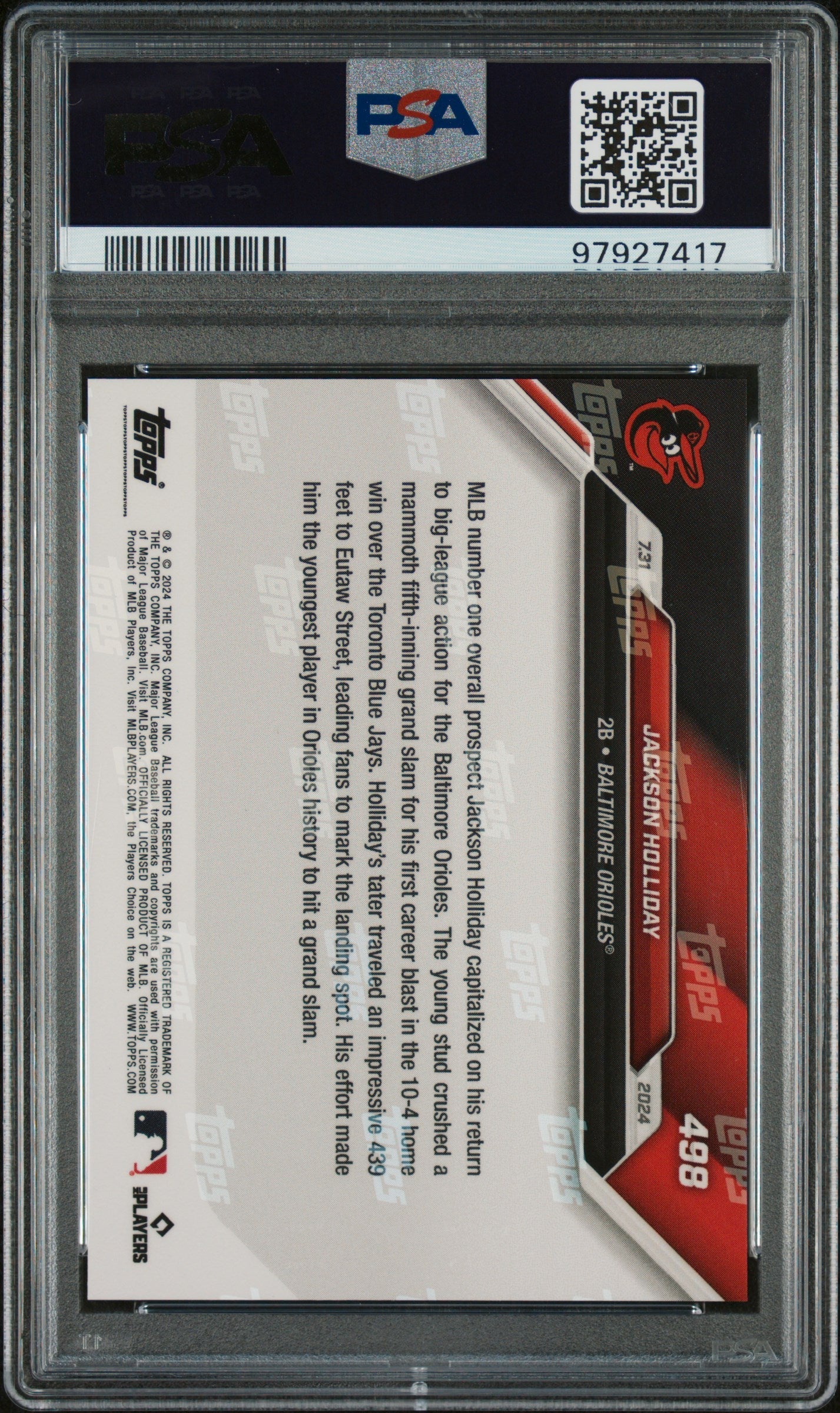 Graded 2024 Topps Now Jackson Holliday #498 1st MLB Home Run Rookie RC Baseball Card PSA 9 Mint