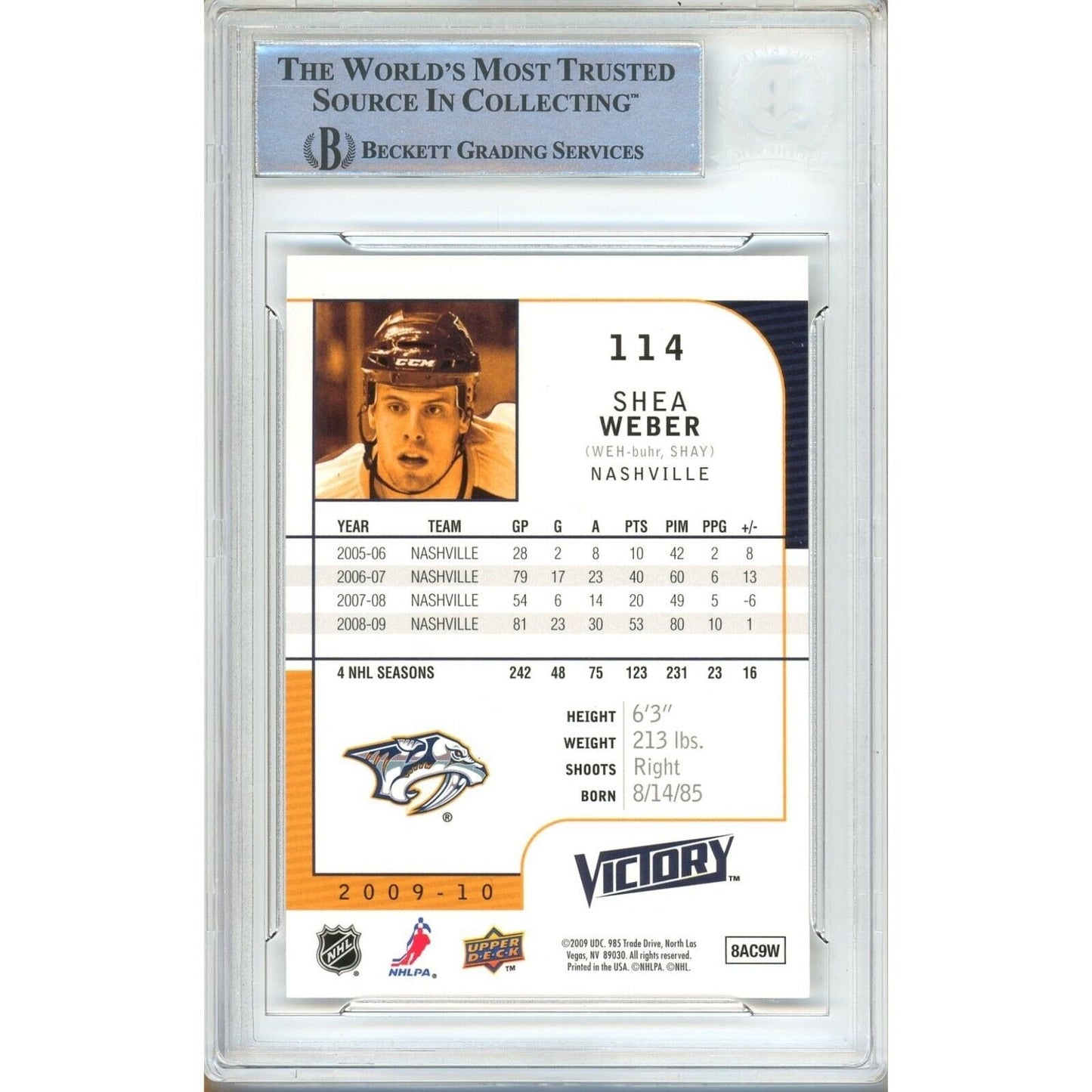 Shea Weber Nashville Predators Signed 2009-10 Upper Deck Victory Card Beckett Auth Auto
