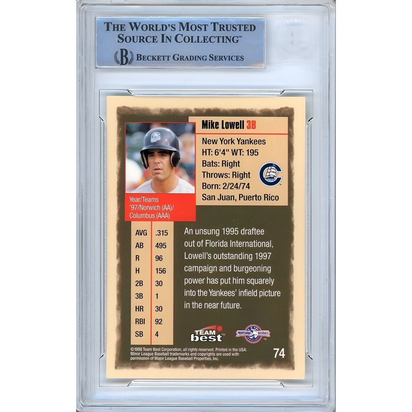 Mike Lowell New York Yankees Signed 1998 Team Best Rookie Card BAS Auth Auto Slab NY