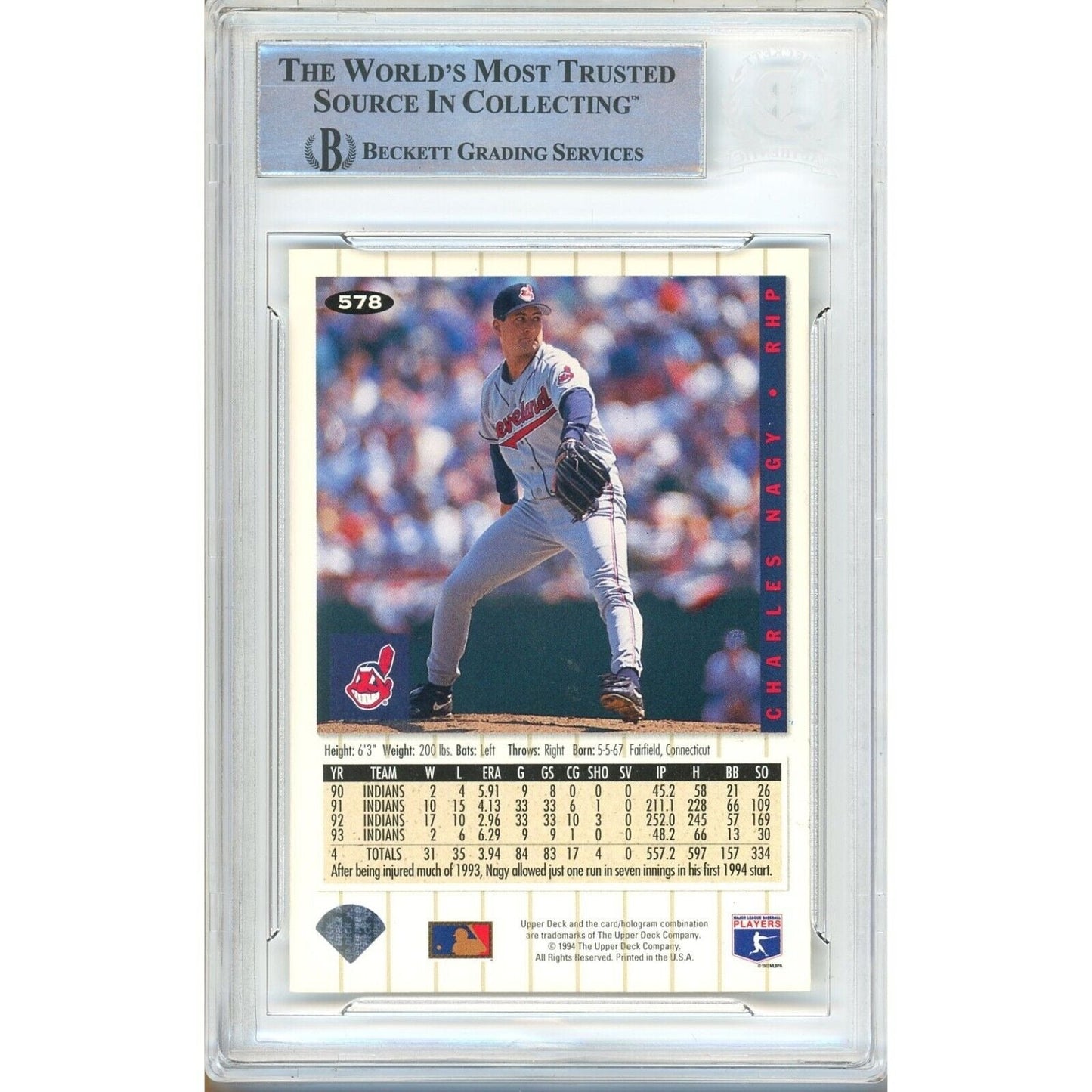 1994 UD Collectors Choice #578 — Charles Nagy Cleveland Indians Autographed Trading Card — Beckett Authentication