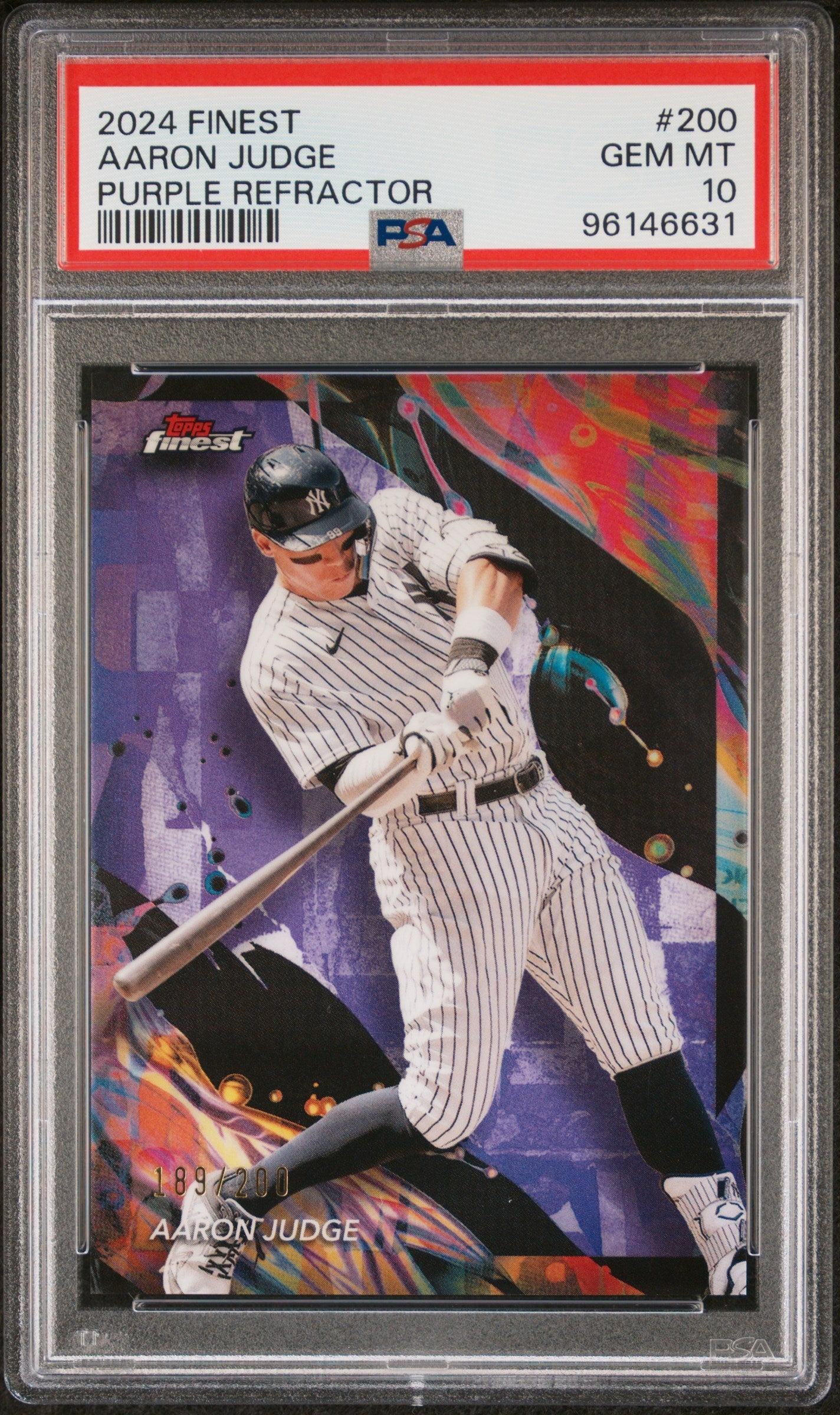 Graded 2024 Topps Finest Aaron Judge #200 Purple Refractor #/200 Baseball Card PSA 10 Gem Mint