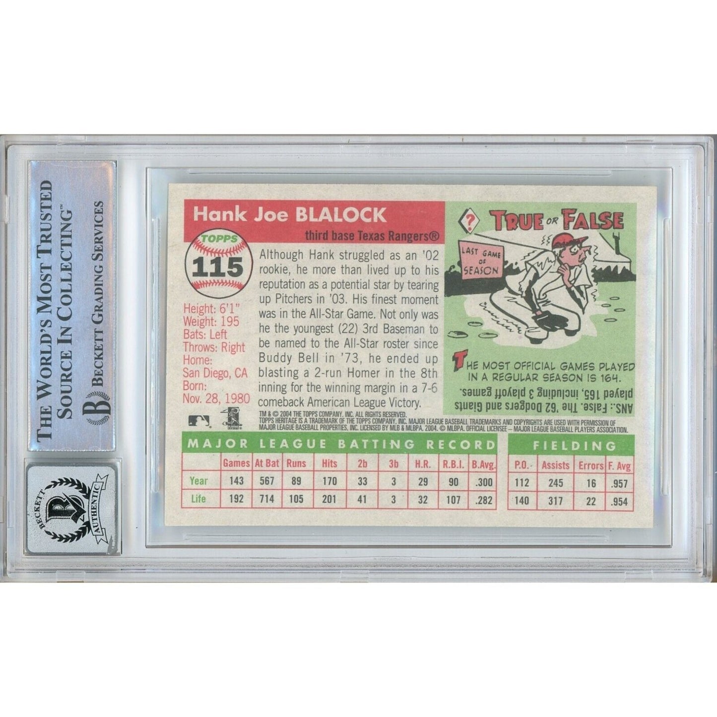 2004 Topps Heritage #115— Hank Blalock Texas Rangers Autographed Trading Card — Beckett Authentication