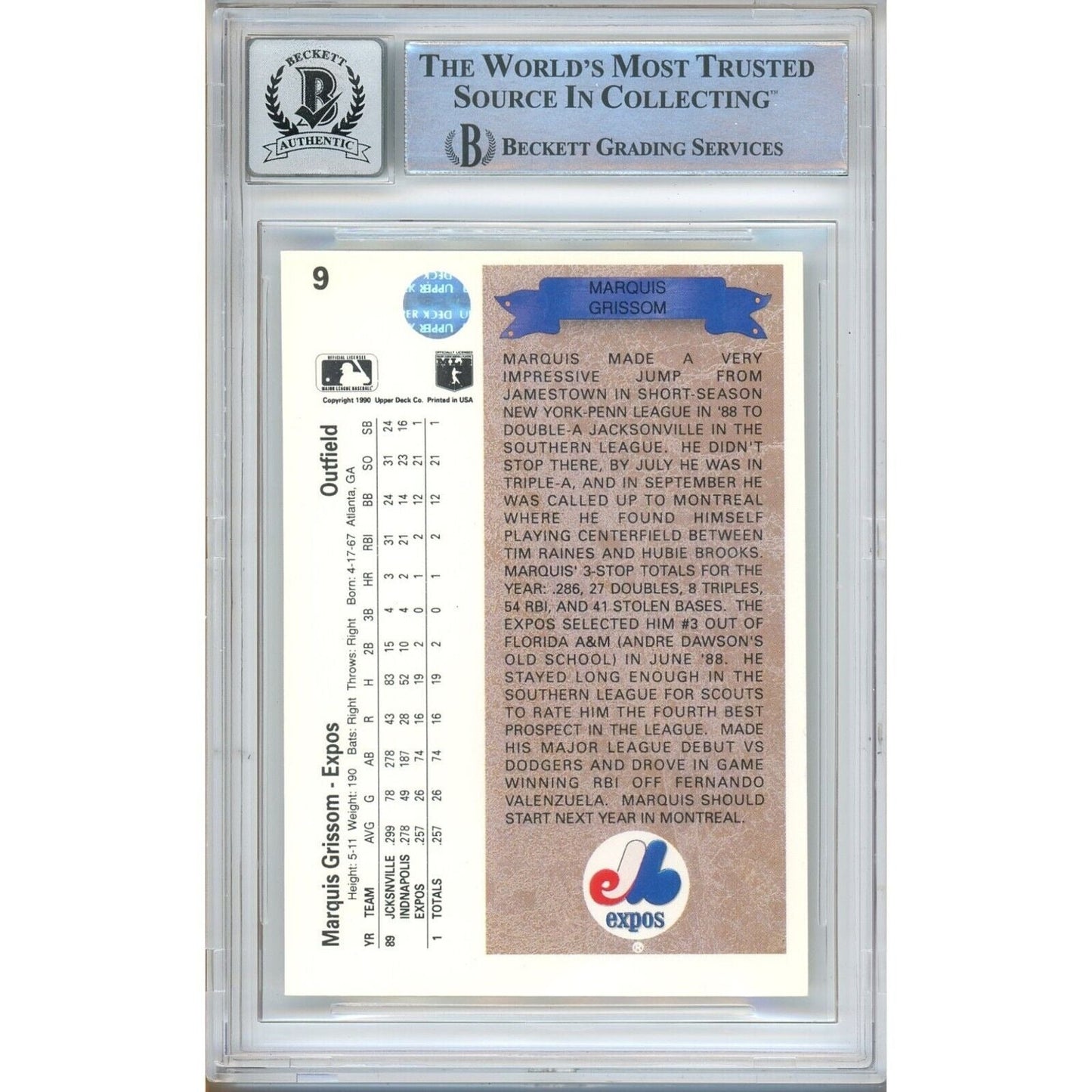 Marquis Grissom Montreal Expos Signed 1990 Upper Deck Rookie Card BGS Auto 10 Graded