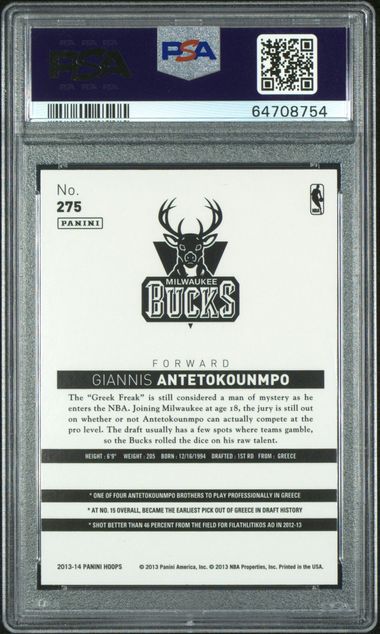 Graded 2013 Panini Hoops Giannis Antetokounmpo #275 Gold Rookie RC Basketball Card PSA 9 Mint