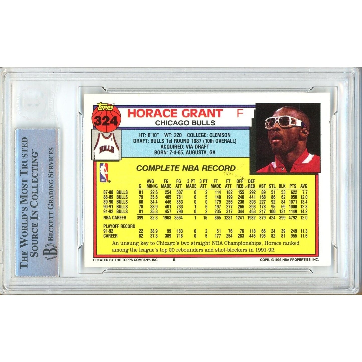 1992-93 Topps #324 — Horace Grant Chicago Bulls Autographed Trading Card — Beckett Authentication