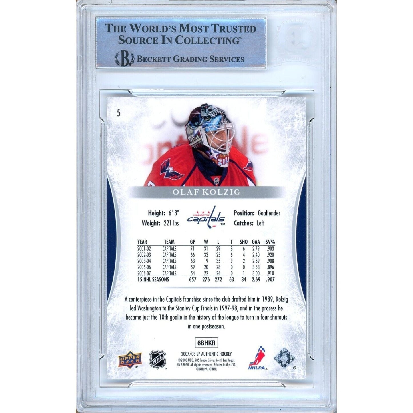 Olaf Kolzig Washington Capitals Signed 2007-08 SP Authentic Hockey Card BAS Auth Auto