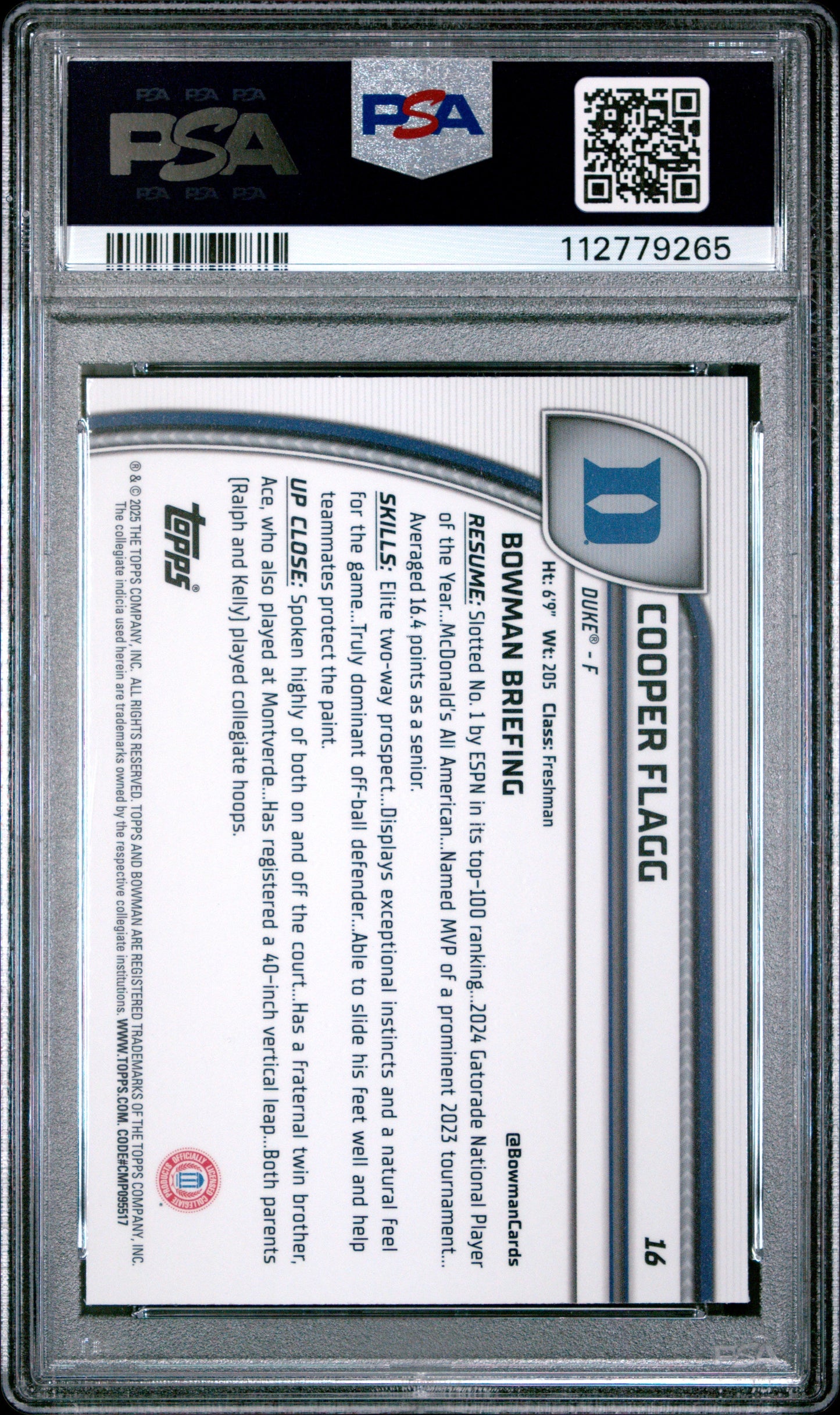 Graded 2024 Topps Bowman Chrome U Cooper Flagg #16 Purple Lava Rookie RC Basketball Card PSA 10 Gem Mint