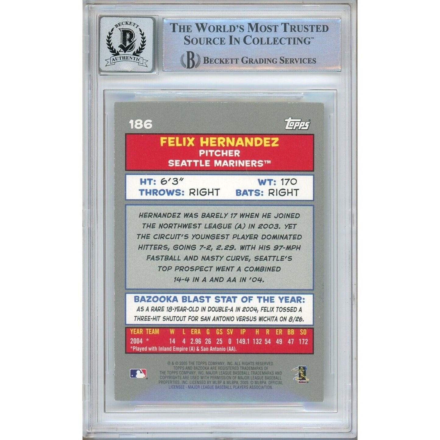 2005 Topps Bazooka #186 — Felix Hernandez Seattle Mariners Autographed Trading Card — Beckett Authentication
