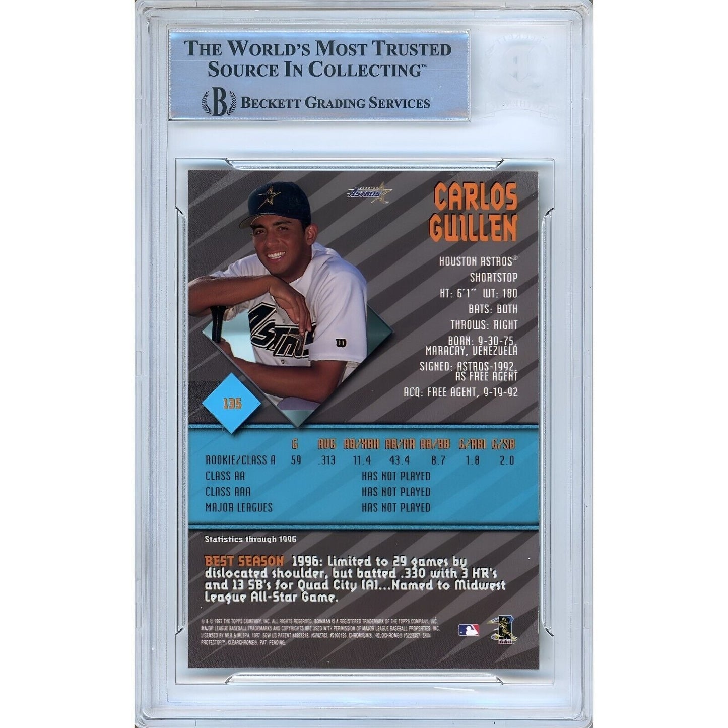 1997 Bowman Best #135 — Carlos Guillen Houston Astros Autographed Trading Card — Beckett Authentication