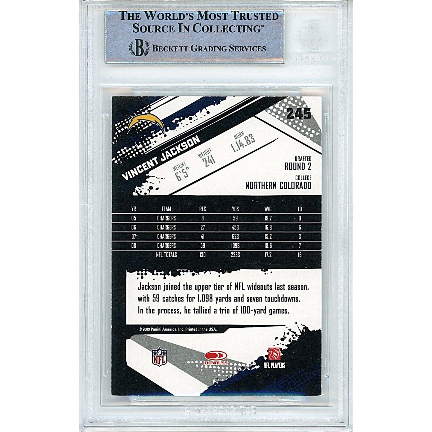 Vincent Jackson San Diego Chargers Signed 2009 Score Football Card Beckett Auth Auto Slab