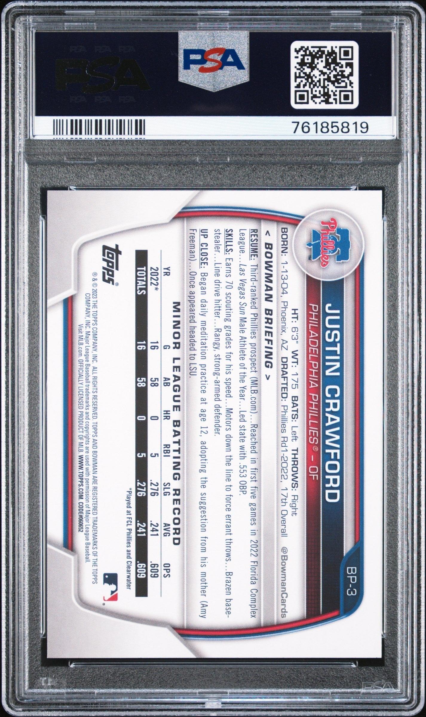 Graded 2023 Topps Bowman Justin Crawford #BP3 Paper Prospects Rookie RC Baseball Card PSA 10 Gem Mint