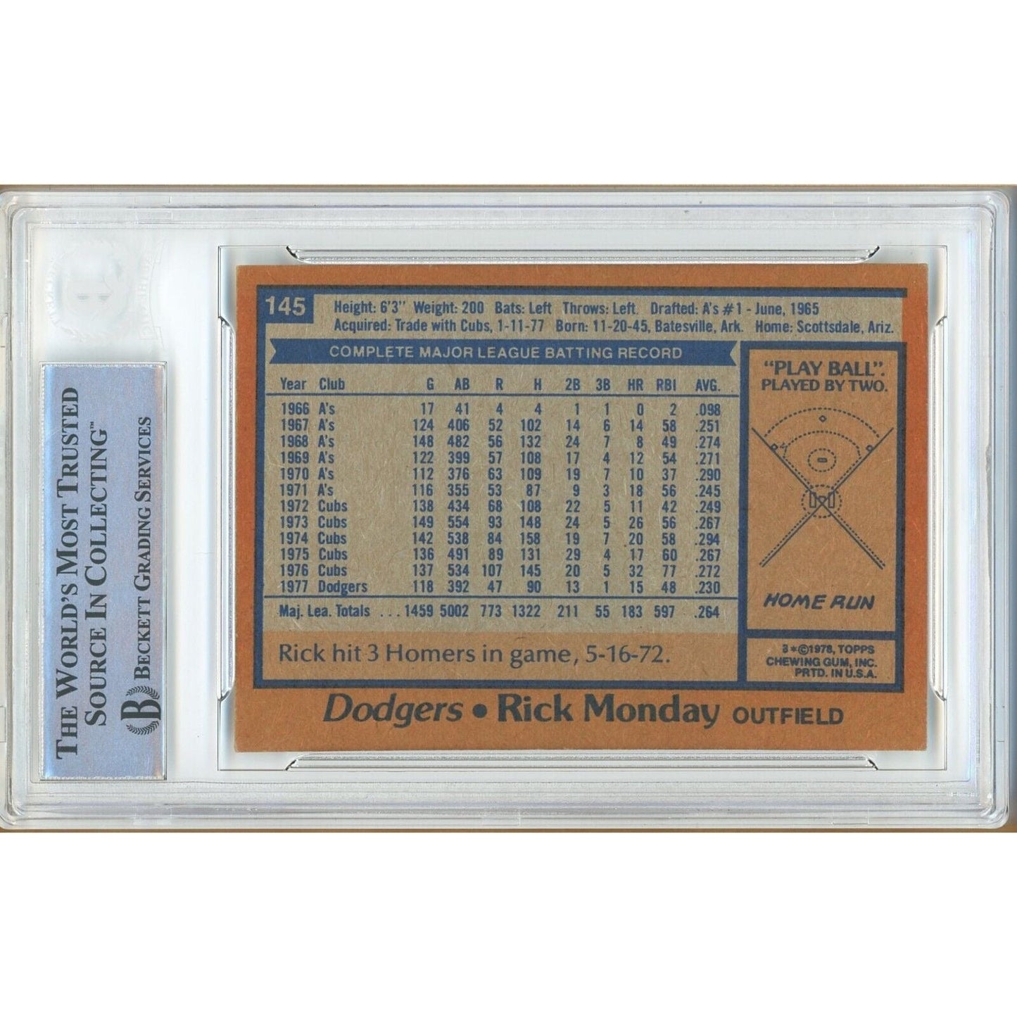 Rick Monday Los Angeles Dodgers Signed 1978 Topps Baseball Card Beckett Auth Auto Slab
