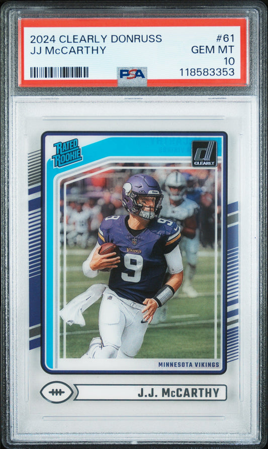 Graded 2024 Panini Clearly Donruss JJ McCarthy #61 Rookie RC Football Card PSA 10 Gem Mint