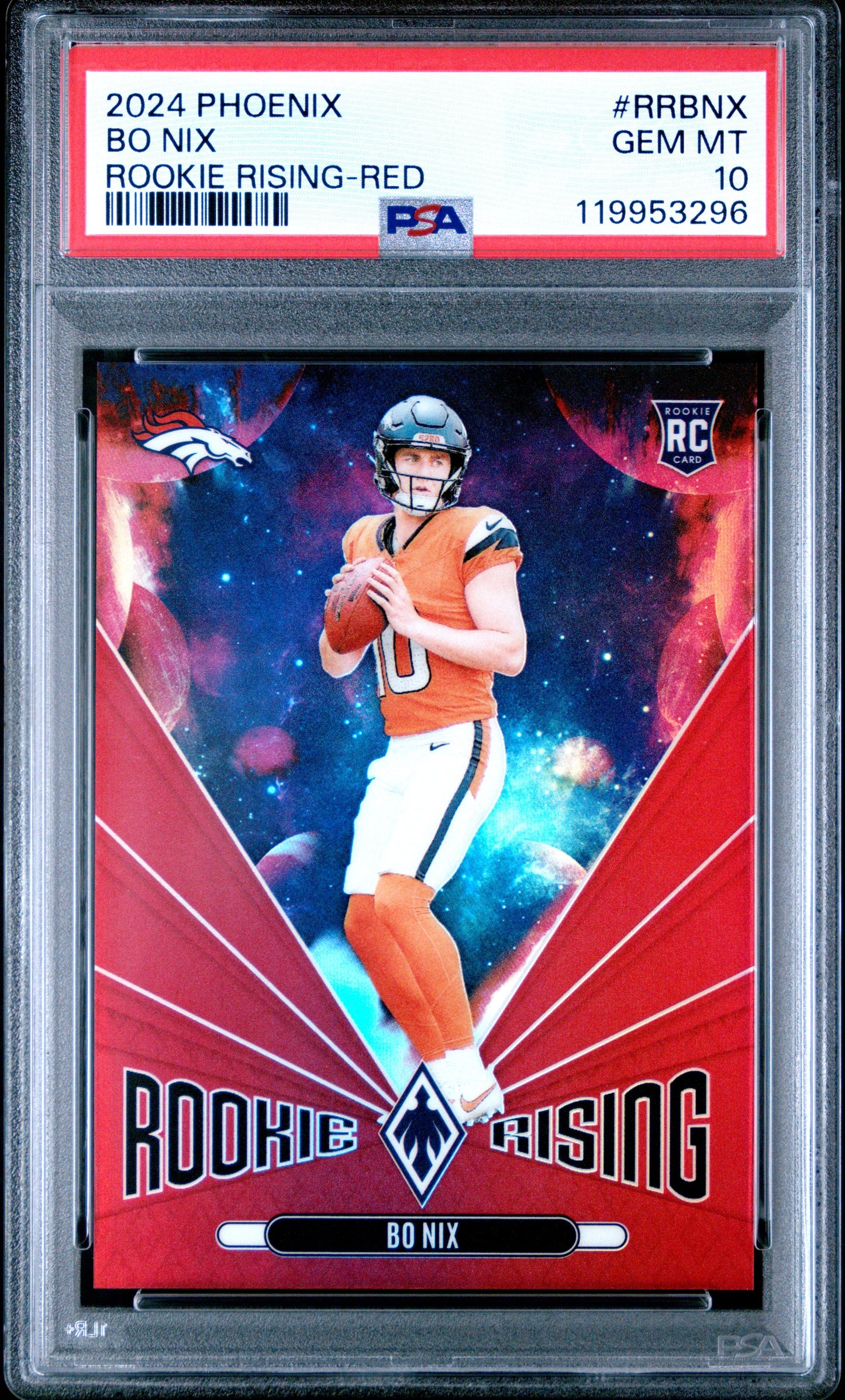 Graded 2024 Panini Phoenix Bo Nix #RRBNX Rookie Rising Red /99 Rookie RC Football Card PSA 10 Gem Mint