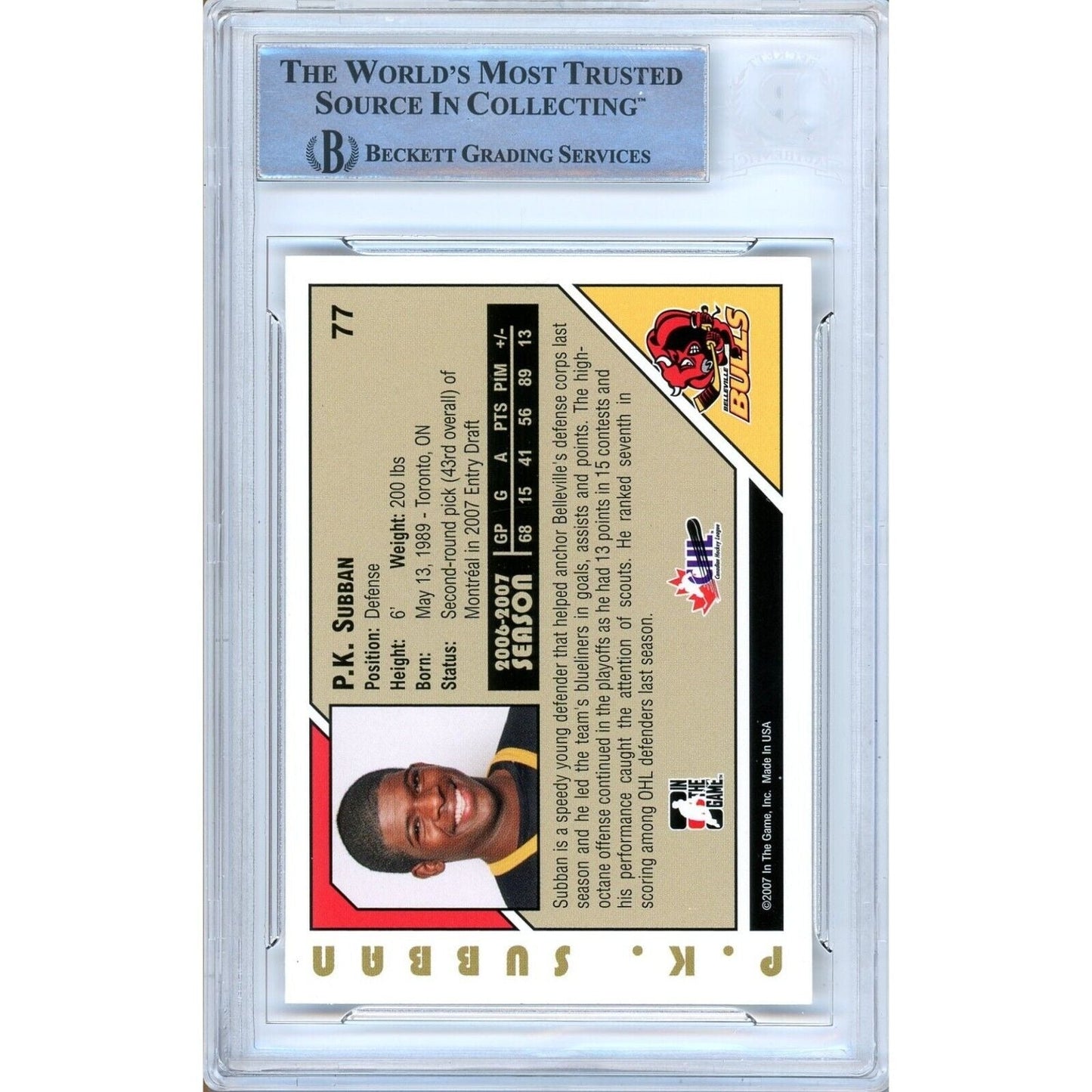 P.K. Subban Canadiens Signed 2007-08 ITG Heroes and Prospects Card BAS Auth Auto Slab