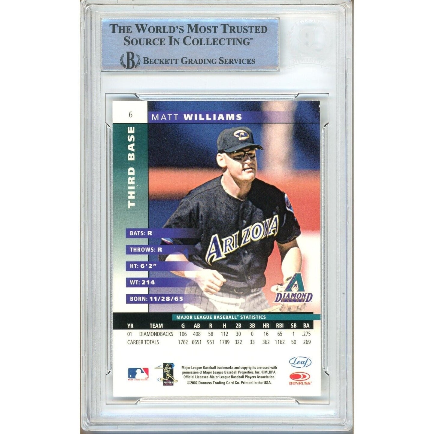 Matt Williams AZ Diamondbacks Signed 2002 Leaf Baseball Card Beckett Auth Auto Slab