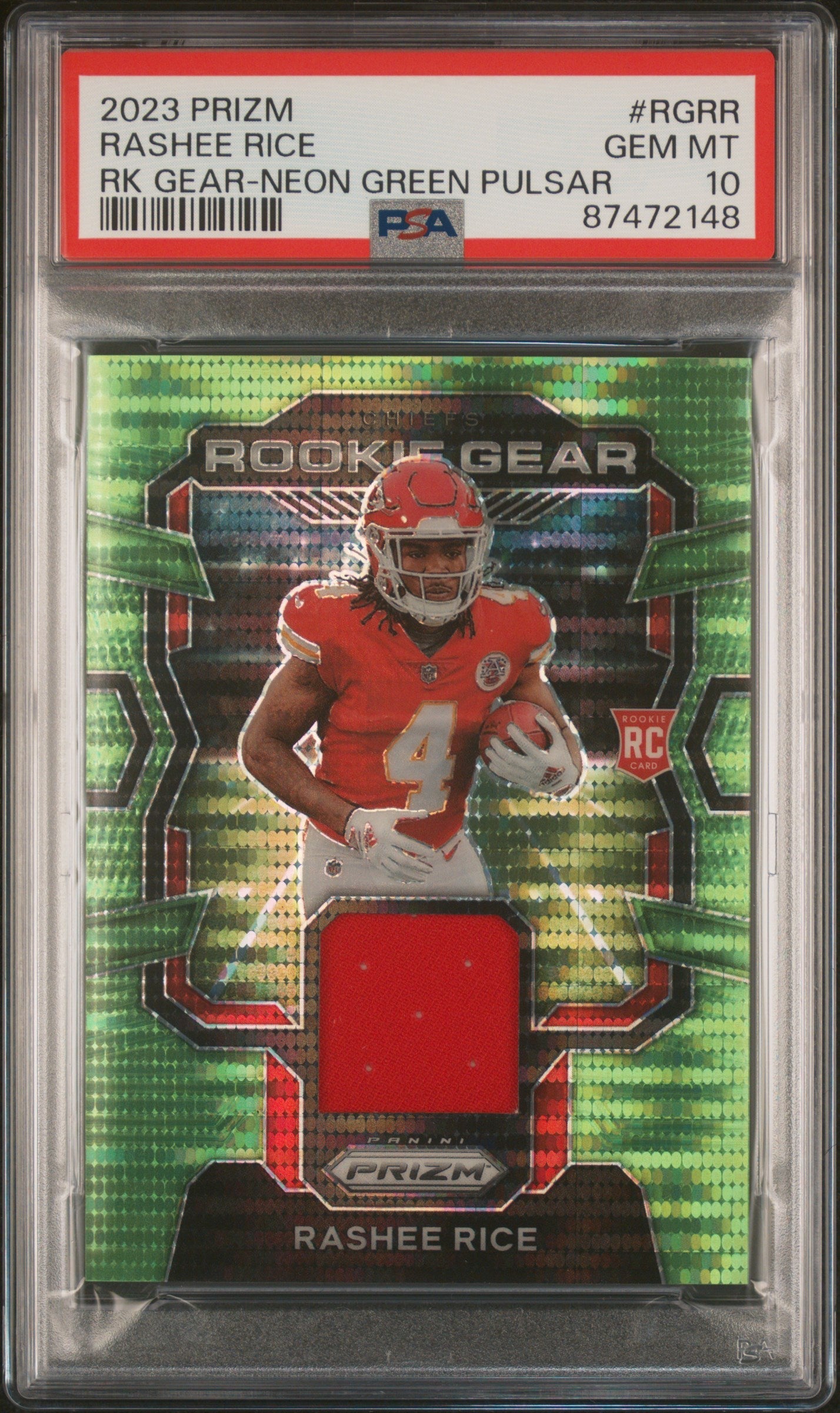 Graded 2023 Panini Prizm Rashee Rice #RGRR Rookie Gear Neon Green Pulsar Rookie RC Football Card PSA 10 Gem Mint