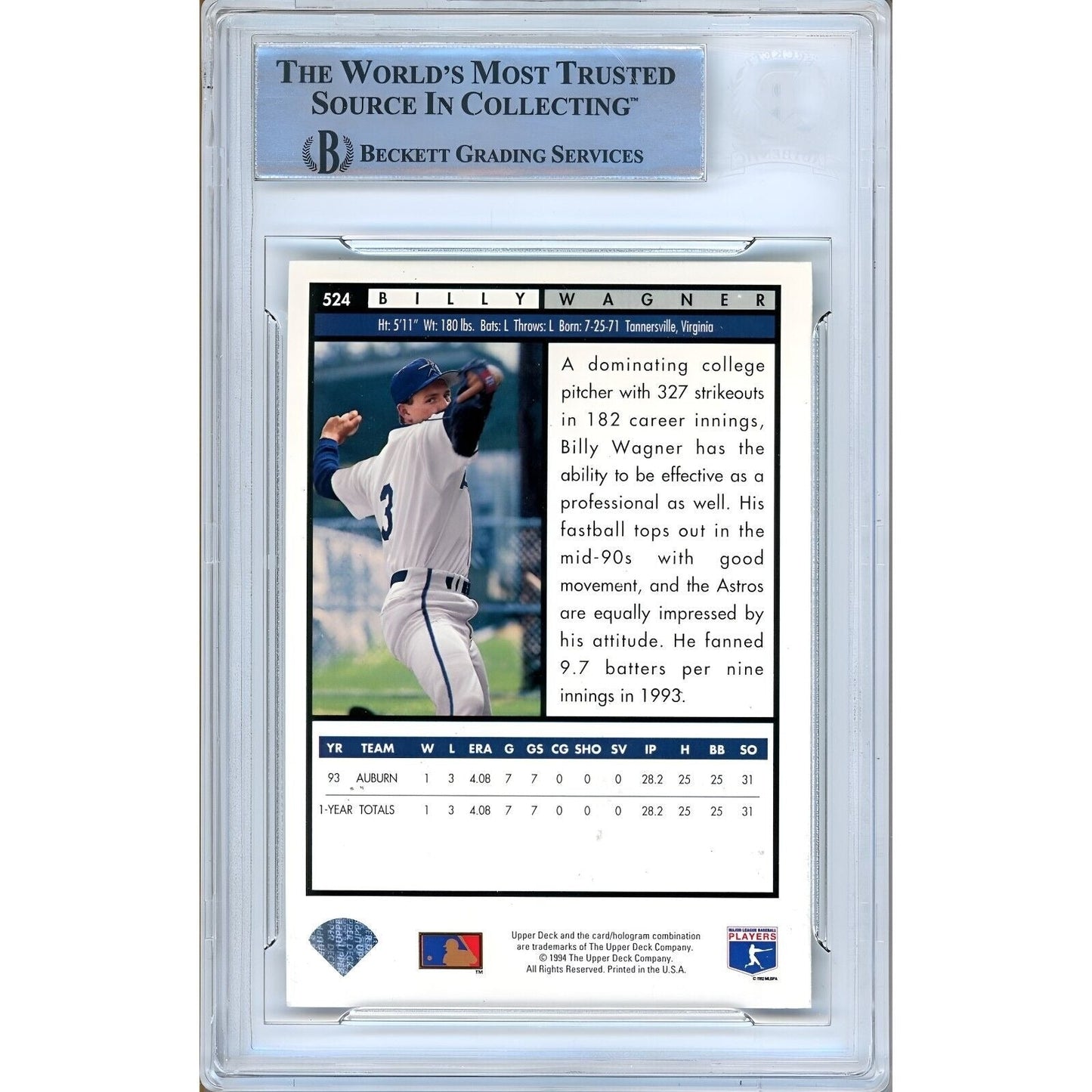 1994 Upper Deck Electric Diamond #524 — Billy Wagner Houston Astros Autographed Trading Card — Beckett Authentication