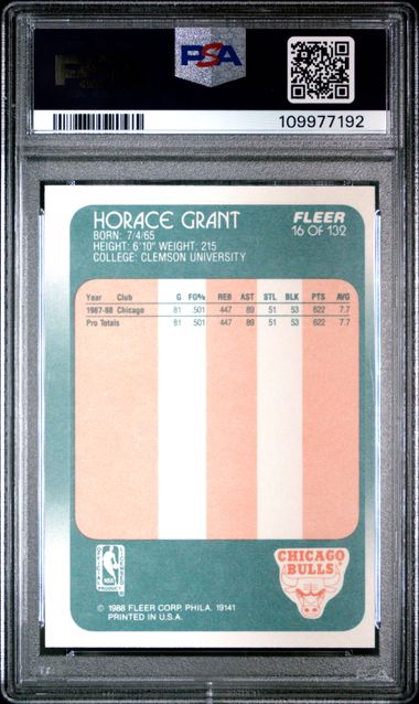 Graded 1988 Fleer Horace Grant #16 Rookie RC Basketball Card PSA 8 NM-MT - Sport Cards