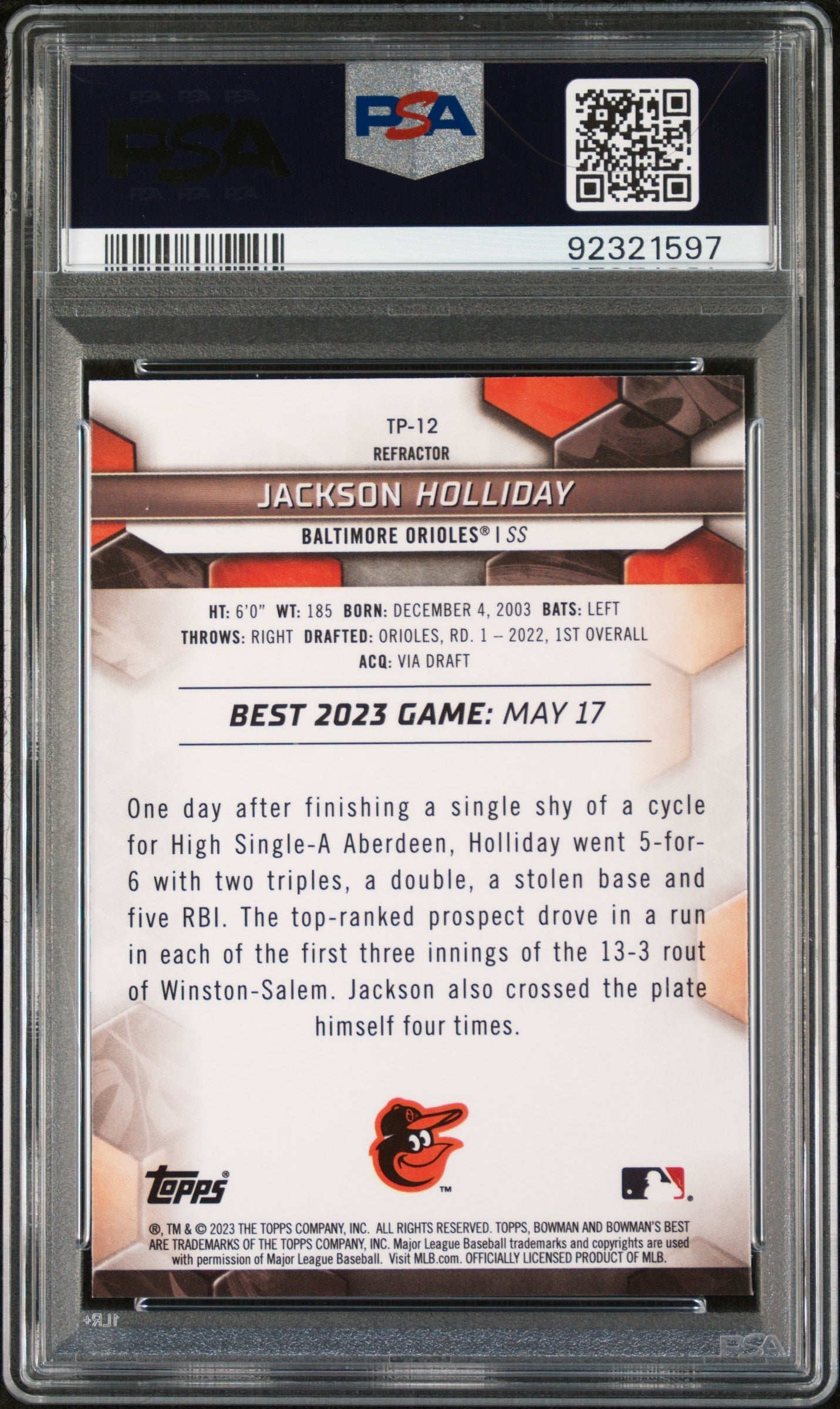 Graded 2023 Topps Bowmans Best Jackson Holliday #TP12 Top Prospects Refractor Rookie RC Baseball Card PSA 10 Gem Mint