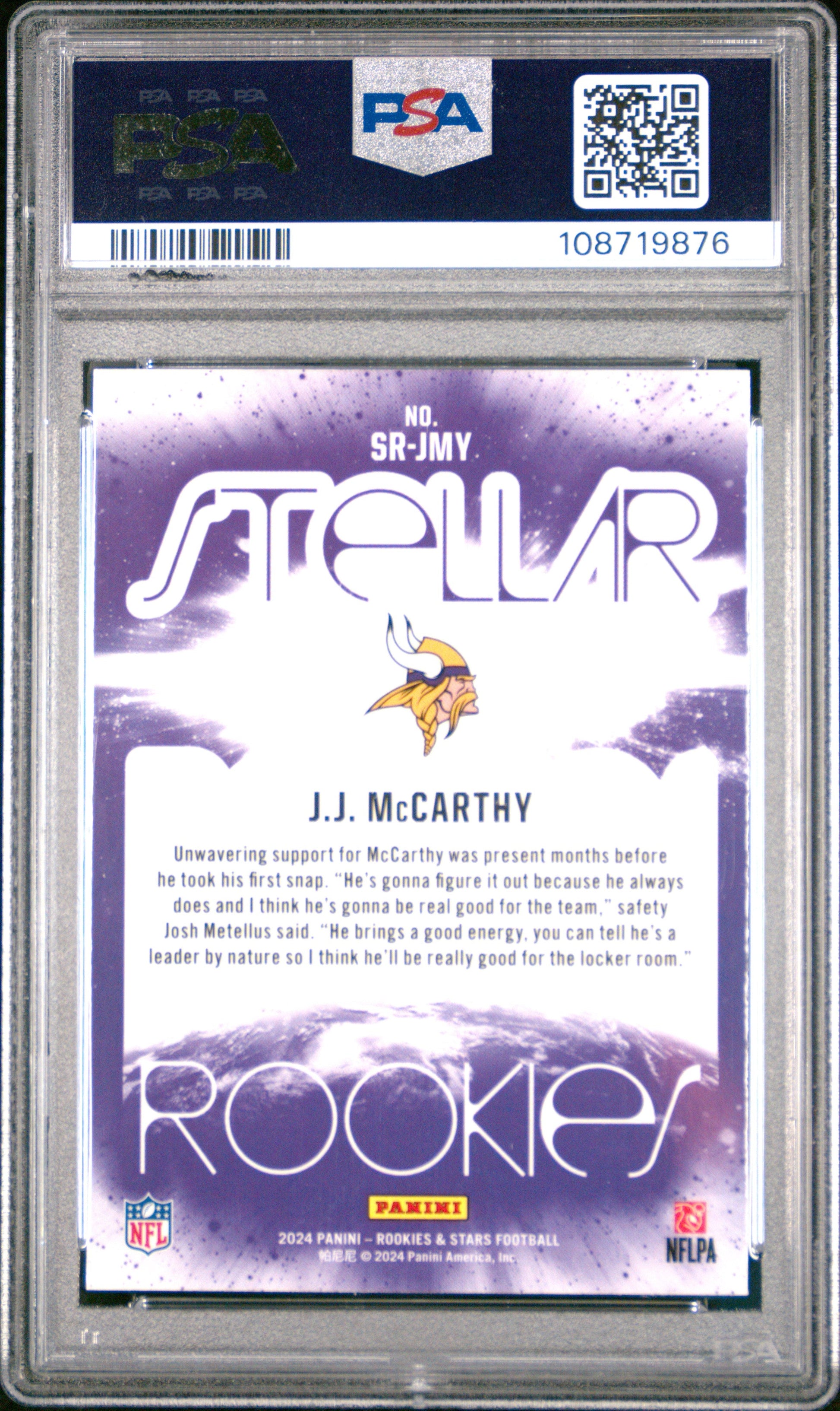 Graded 2024 Panini Rookies & Stars JJ McCarthy #SRJMY Stellar Rookies Red Plaid Rookie RC Football Card PSA 10 Gem Mint - Sport Cards