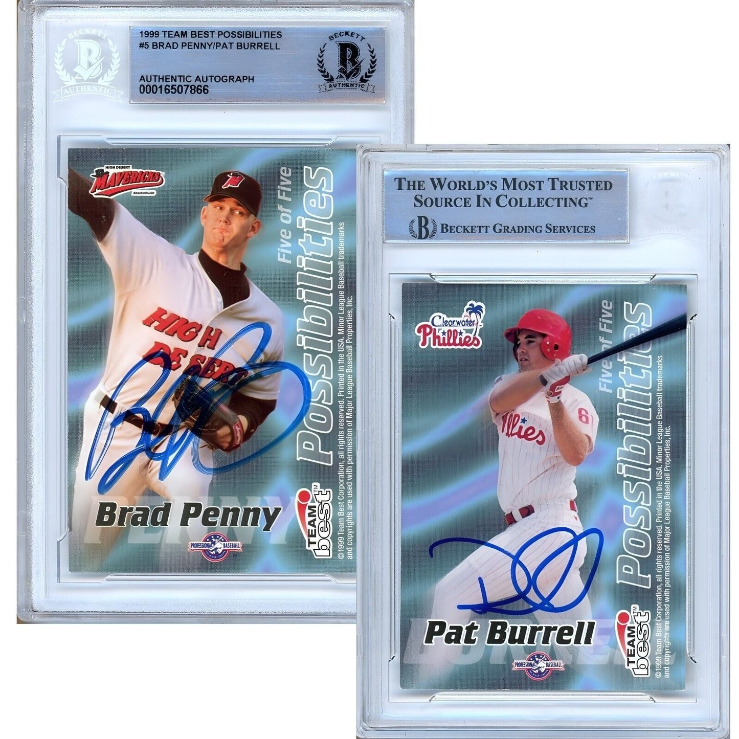 1999 Team Best Possibilities #5 — Brad Penny Pat Burrell Dual Autographed Trading Card — Beckett Authentication