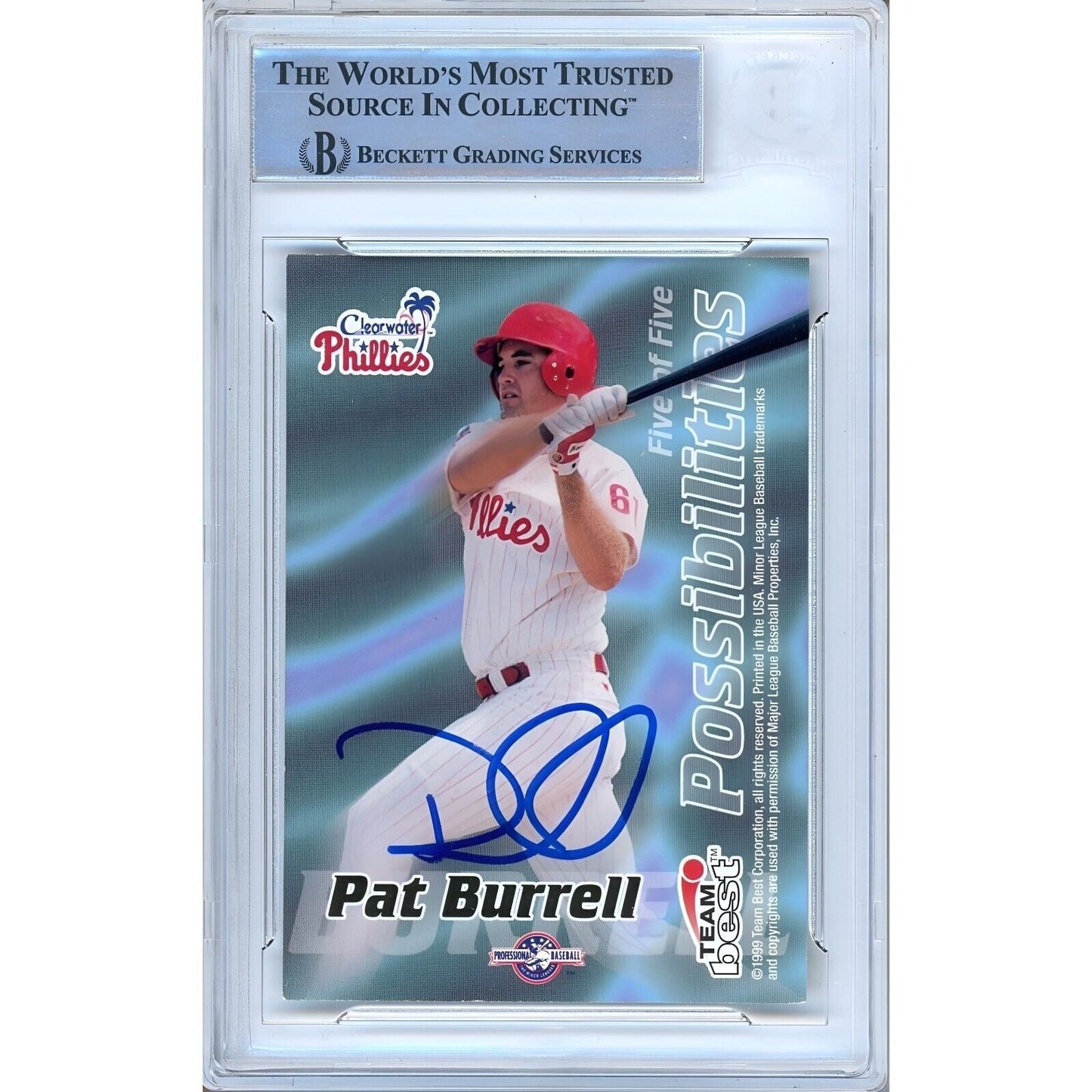 1999 Team Best Possibilities #5 — Brad Penny Pat Burrell Dual Autographed Trading Card — Beckett Authentication