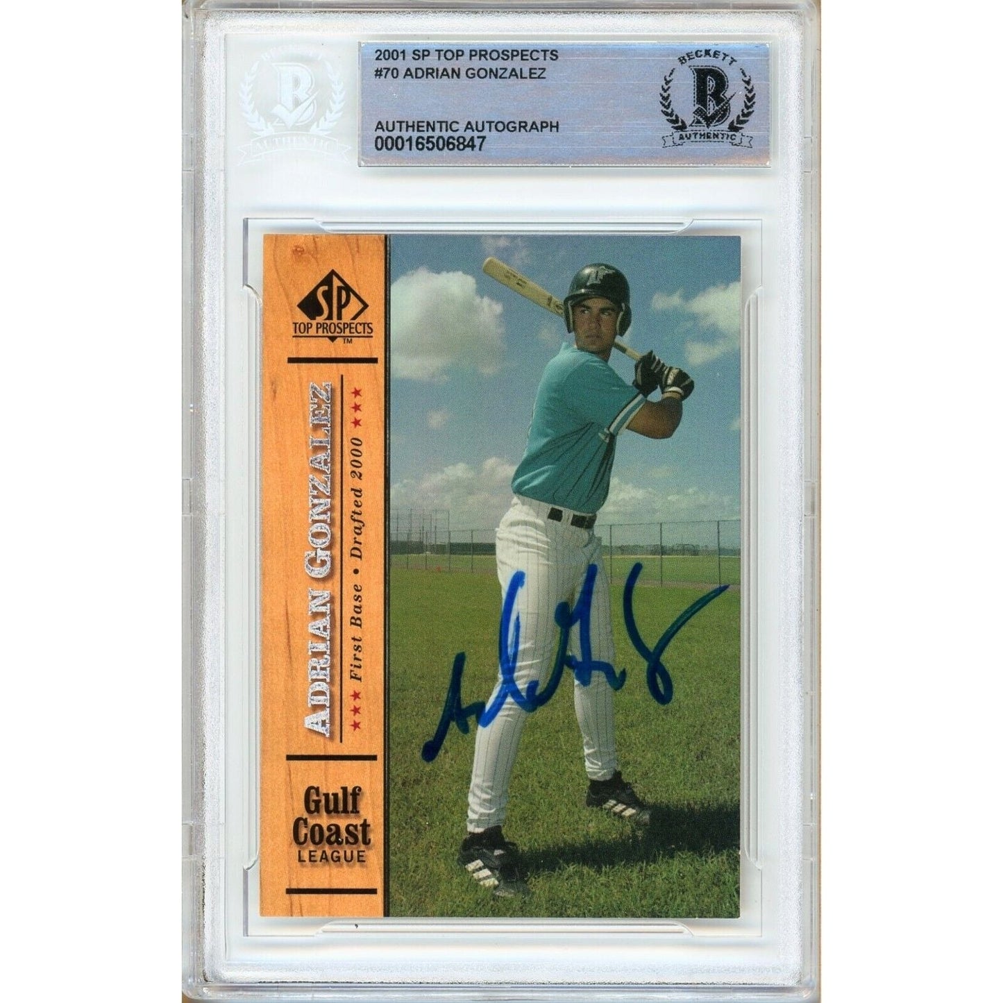 2001 SP Top Prospects #70 — Adrian Gonzalez Marlins Autographed Trading Card — Beckett Authentication