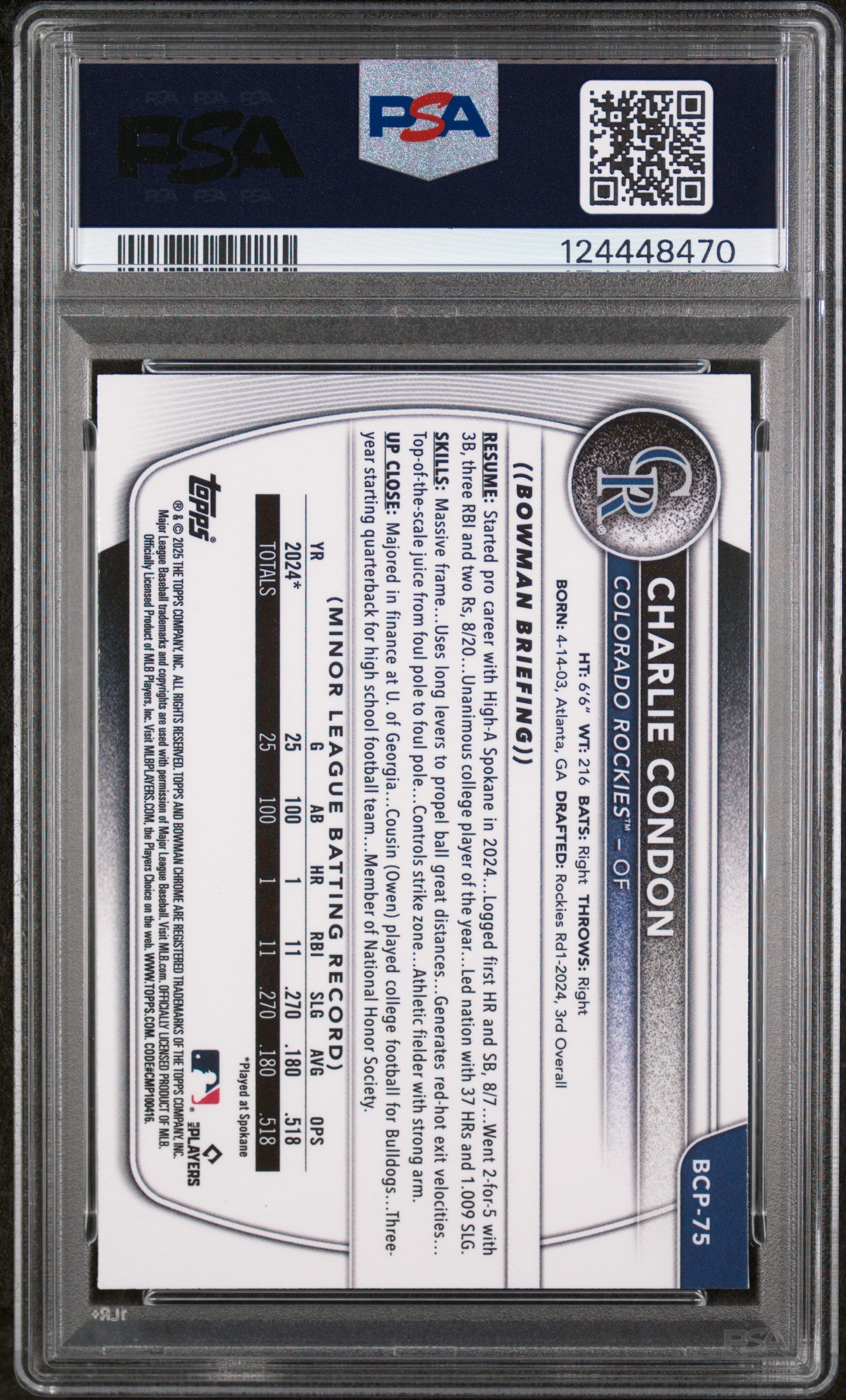 Graded 2025 Topps Bowman Charlie Condon #BCP75 Chrome Prospects Reptilian Refractor Rookie RC Baseball Card PSA 10 Gem Mint - Sport Cards