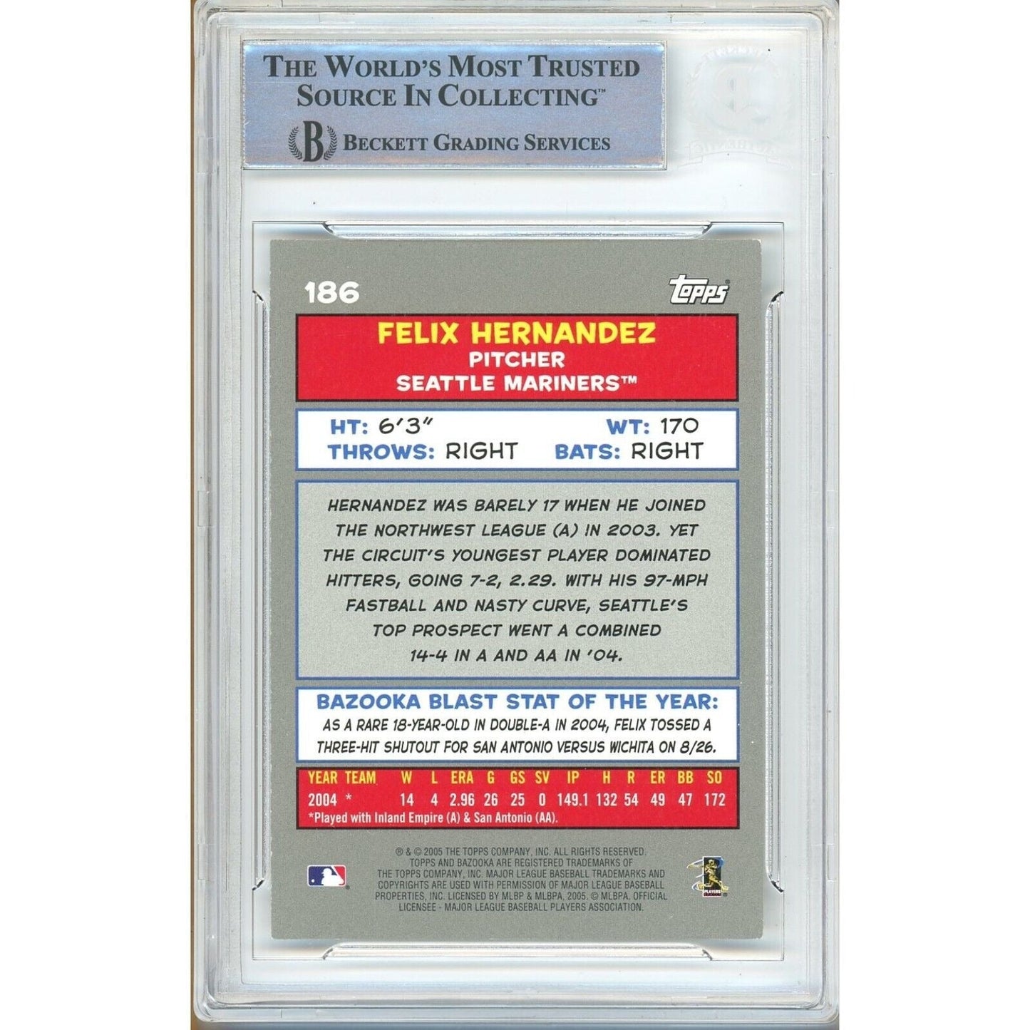 2005 Topps Bazooka #186 — Felix Hernandez Seattle Mariners Autographed Trading Card — Beckett Authentication
