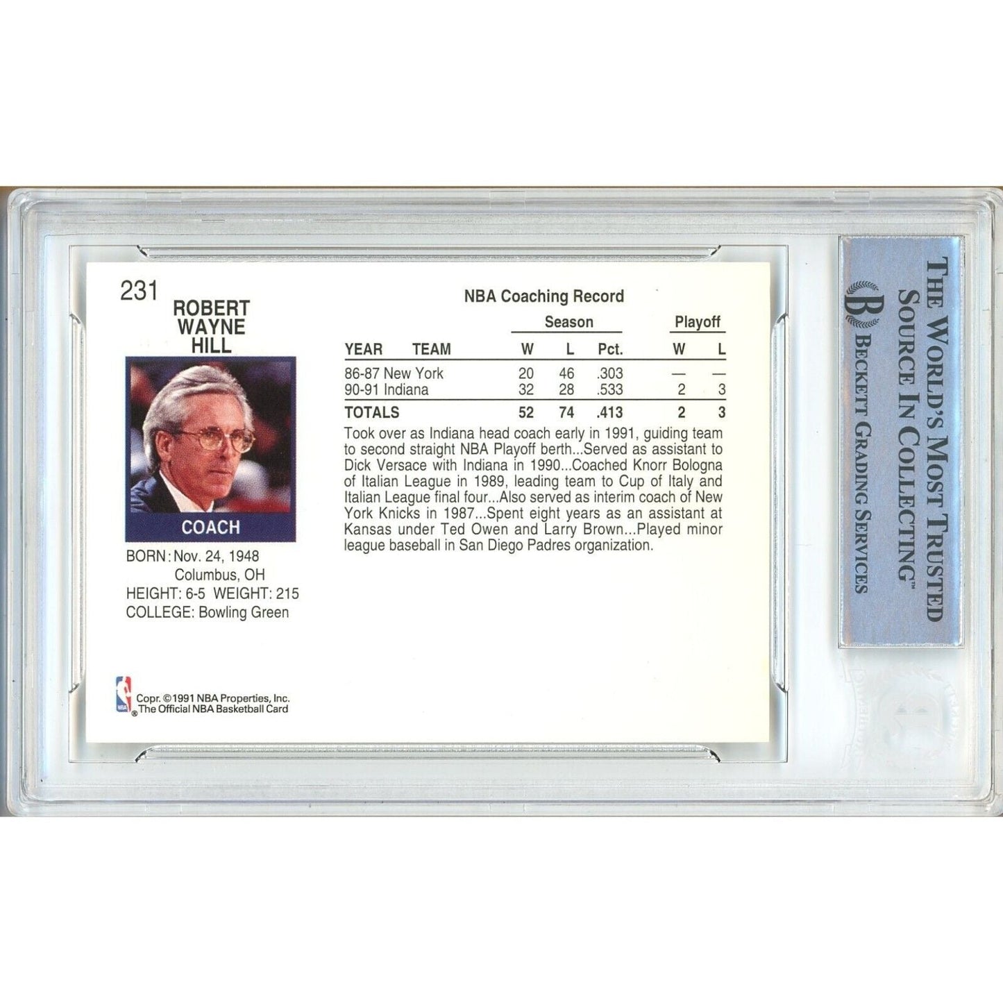 1991-92 NBA Hoops #231 — Bob Hill Indiana Pacers Autographed Trading Card — Beckett Authentication