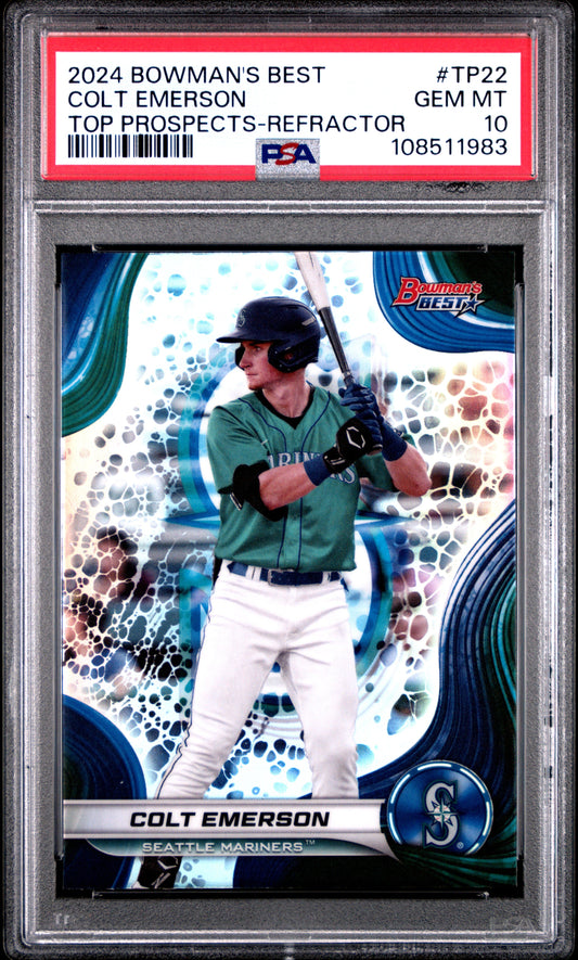 Graded 2024 Topps Bowmans Best Colt Emerson #TP22 Top Prospects Refractor Rookie RC Baseball Card PSA 10 Gem Mint