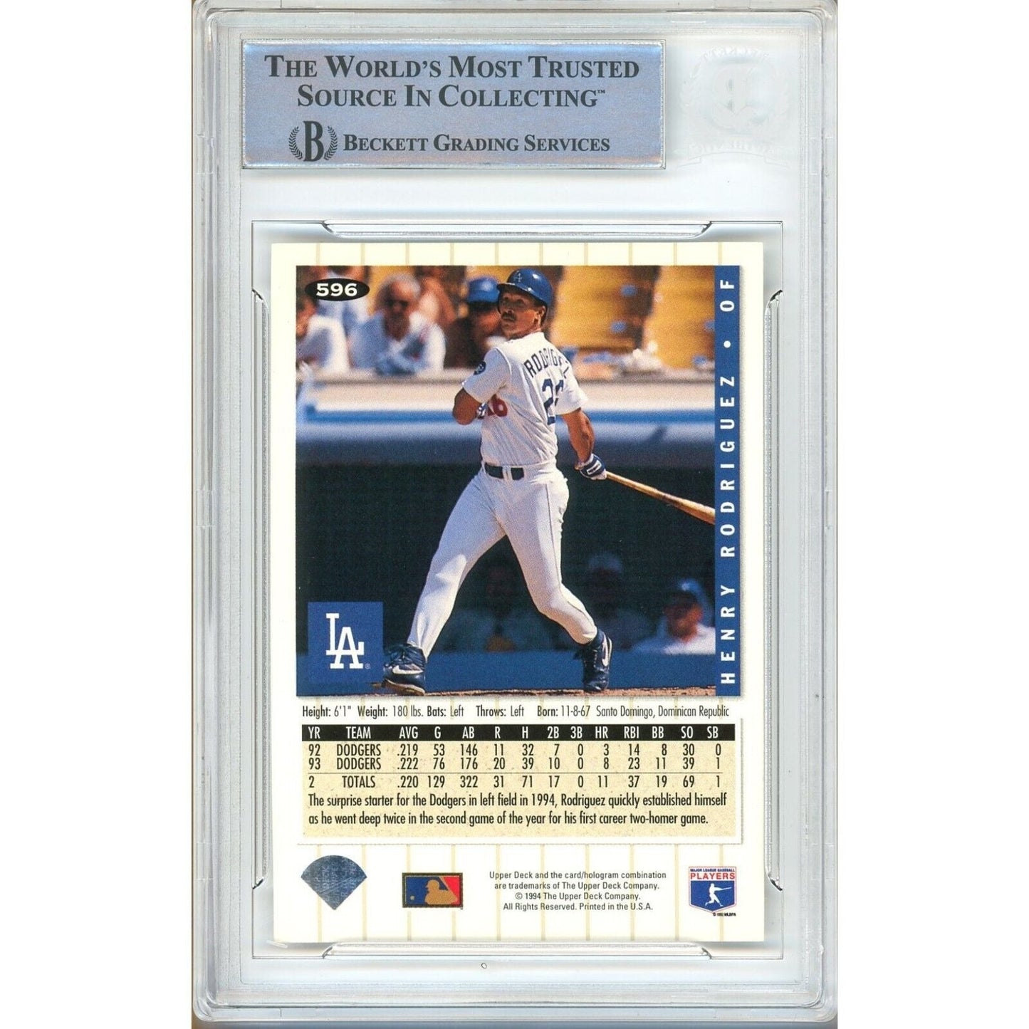 1994 UD Collectors Choice #596 — Henry Rodriguez LA Dodgers Autographed Trading Card — Beckett Authentication