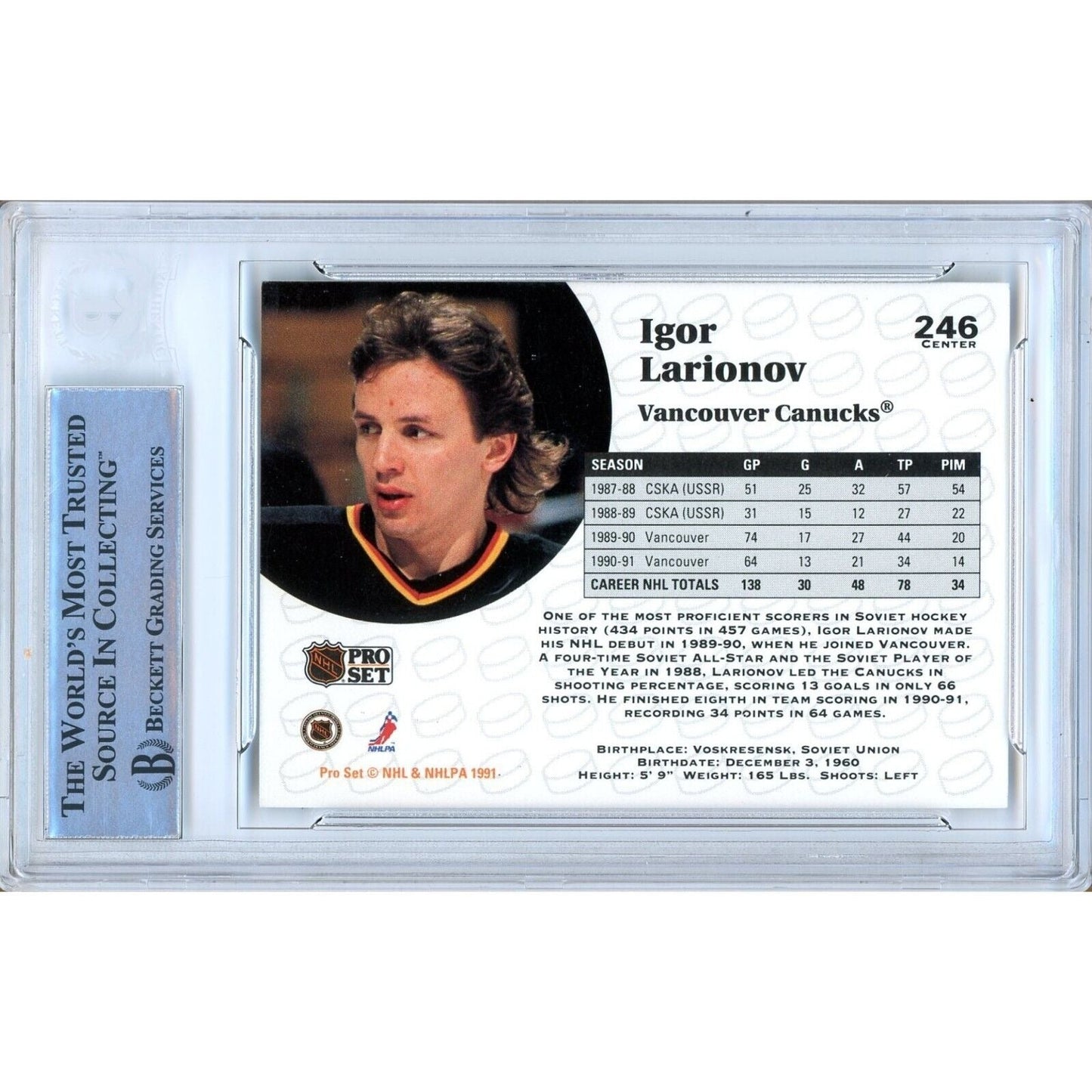 1991-92 NHL Pro Set #246— Igor Larionov Vancouver Canucks Autographed Trading Card — Beckett Authentication