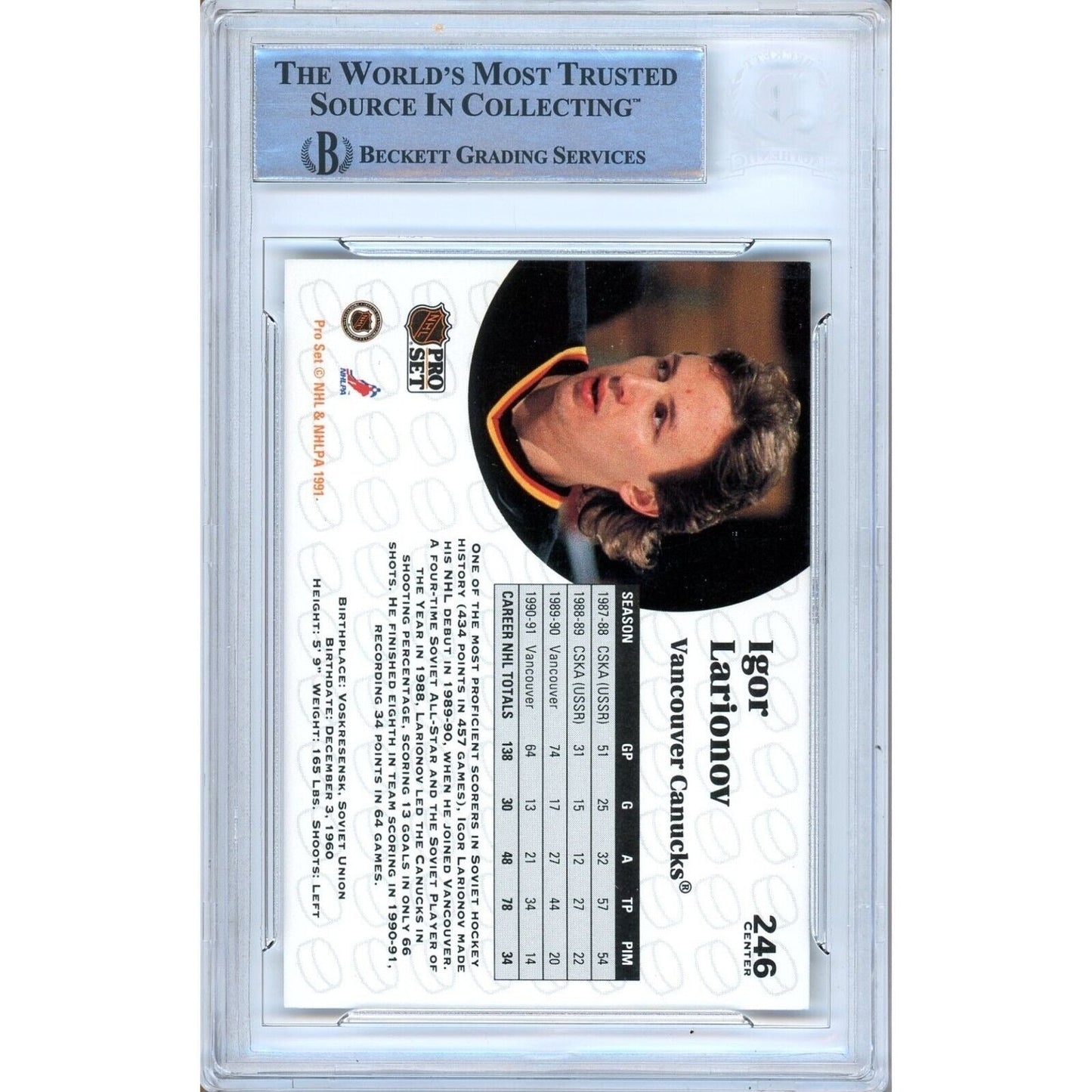 1991-92 NHL Pro Set #246— Igor Larionov Vancouver Canucks Autographed Trading Card — Beckett Authentication