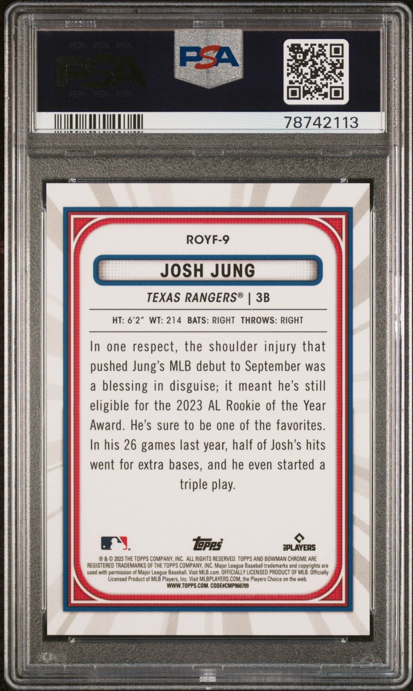 Graded 2023 Topps Bowman Josh Jung #ROYF9 ROY Favorites Aqua Ref Rookie RC Baseball Card PSA 10 Gem Mint