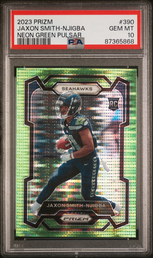 Graded 2023 Panini Prizm Jaxon Smith-Njigba #390 Neon Green Pulsar Rookie RC Football Card PSA 10 Gem Mint