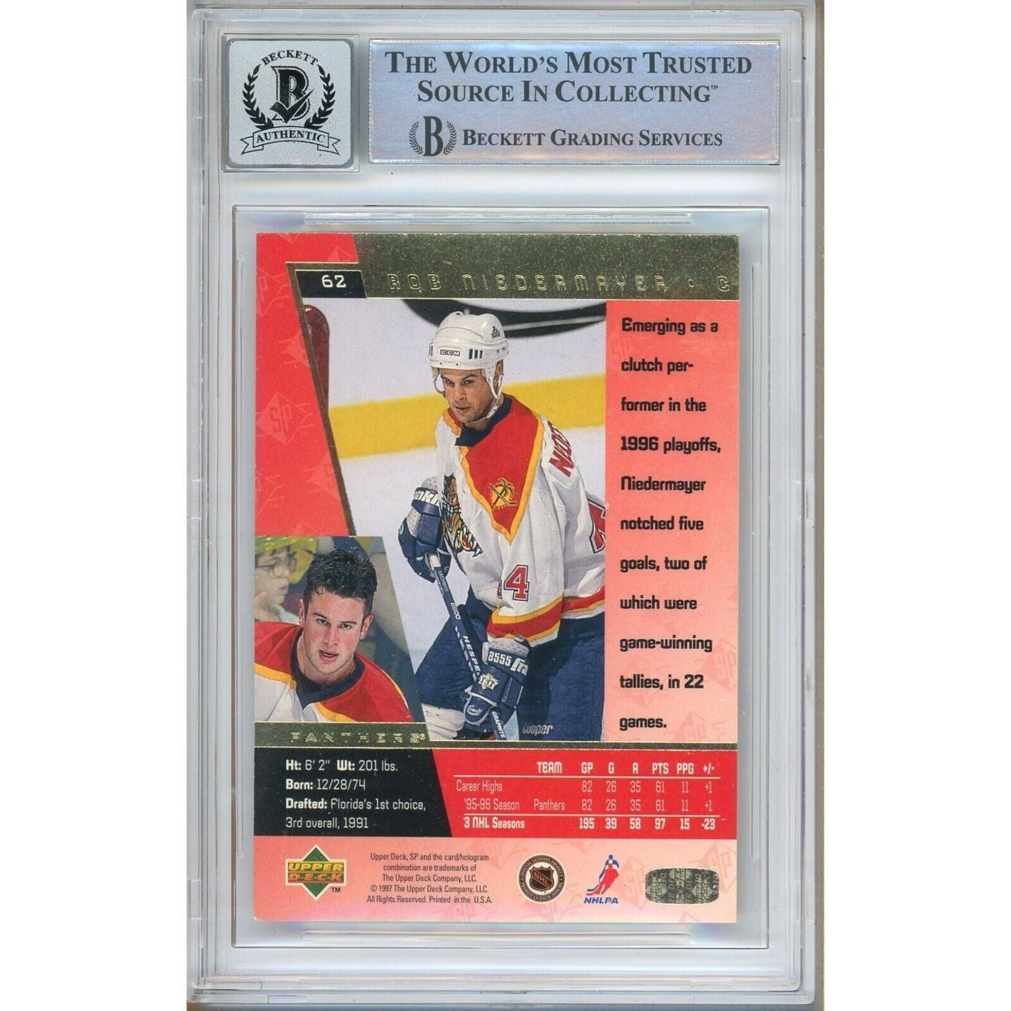 Rob Niedermayer Florida Panthers Signed 1996-97 Upper Deck SP Card BGS Auto 10 Graded